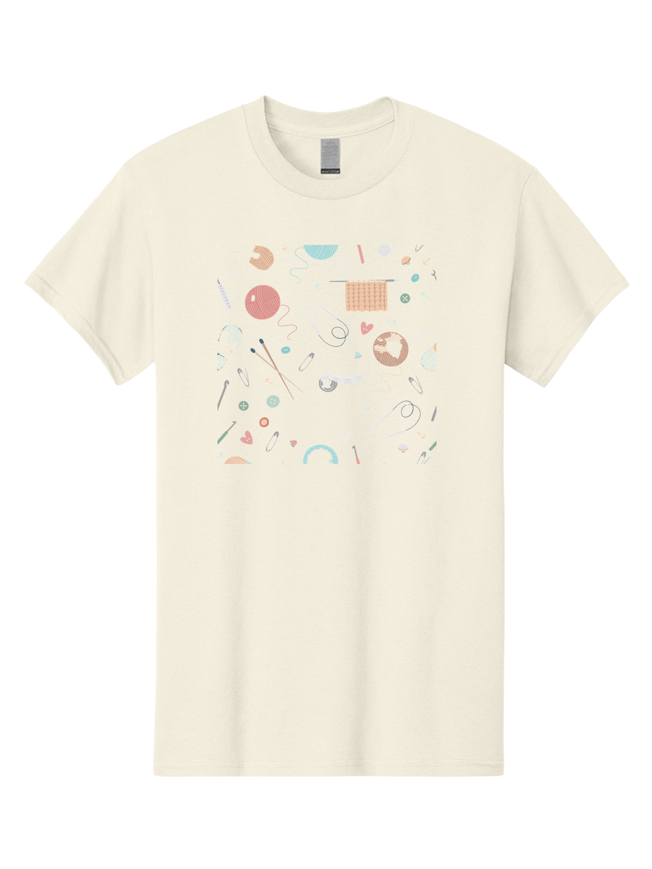 Knit-Pattern Men'S Graphic Tee, 100% Cotton, Comfortable Casual Summer Wear, Machine Washable, Knitting Accessories, Yarn Balls, Knitting Needles, Sewing Buttons, Knitted Fabric, Craft Supplies, Pastel Colors, Dark Blue Background, Aac049