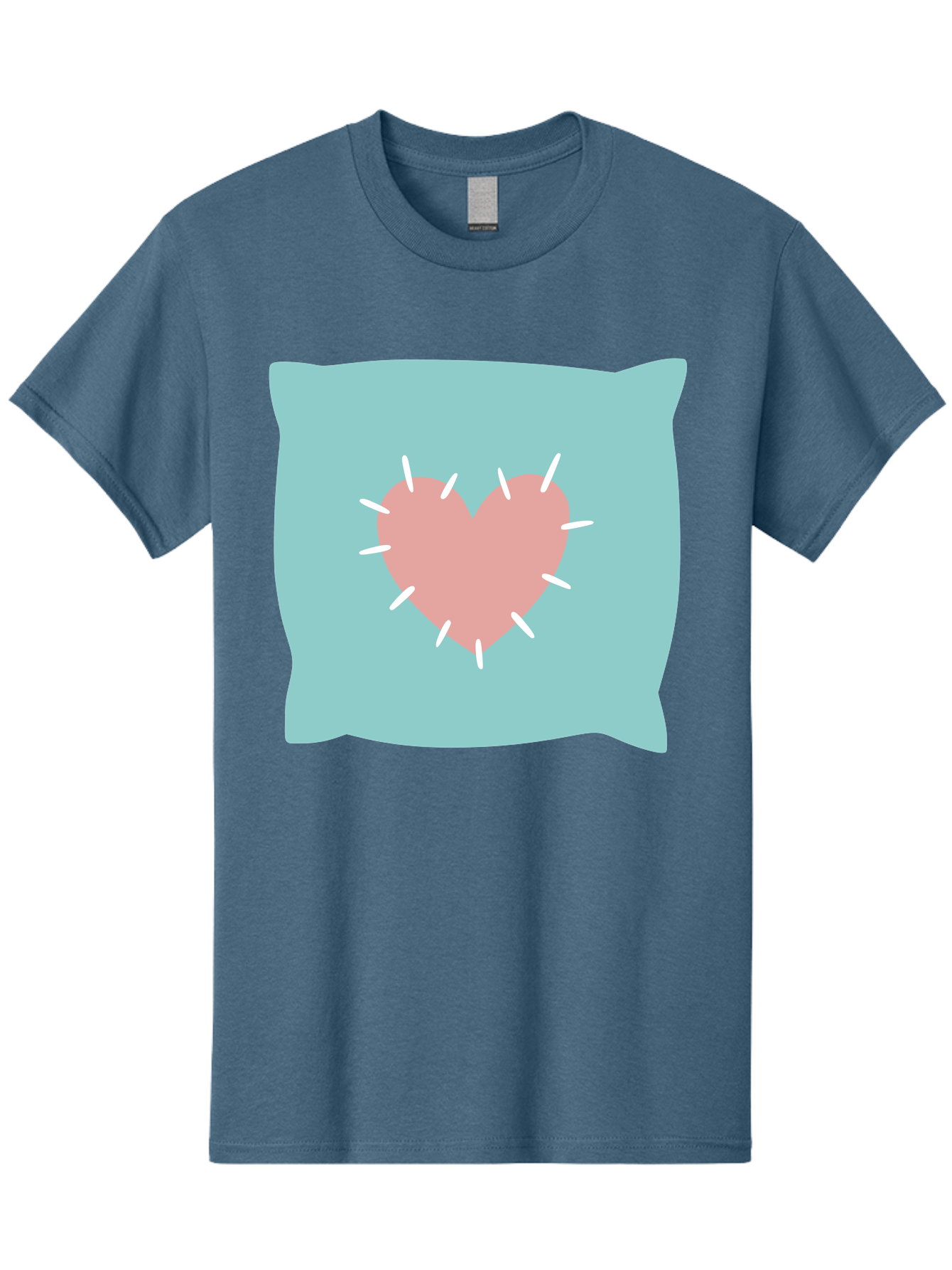 Pillow-With-Heart Men'S Graphic Tee, 100% Cotton, Comfortable Casual Summer Wear, Machine Washable, Pink Heart, Throw Pillow, Teal Background, White Accents, Home Decor, Love Symbol, Decorative Pillow, Heart Design, Cozy Atmosphere, Aac068