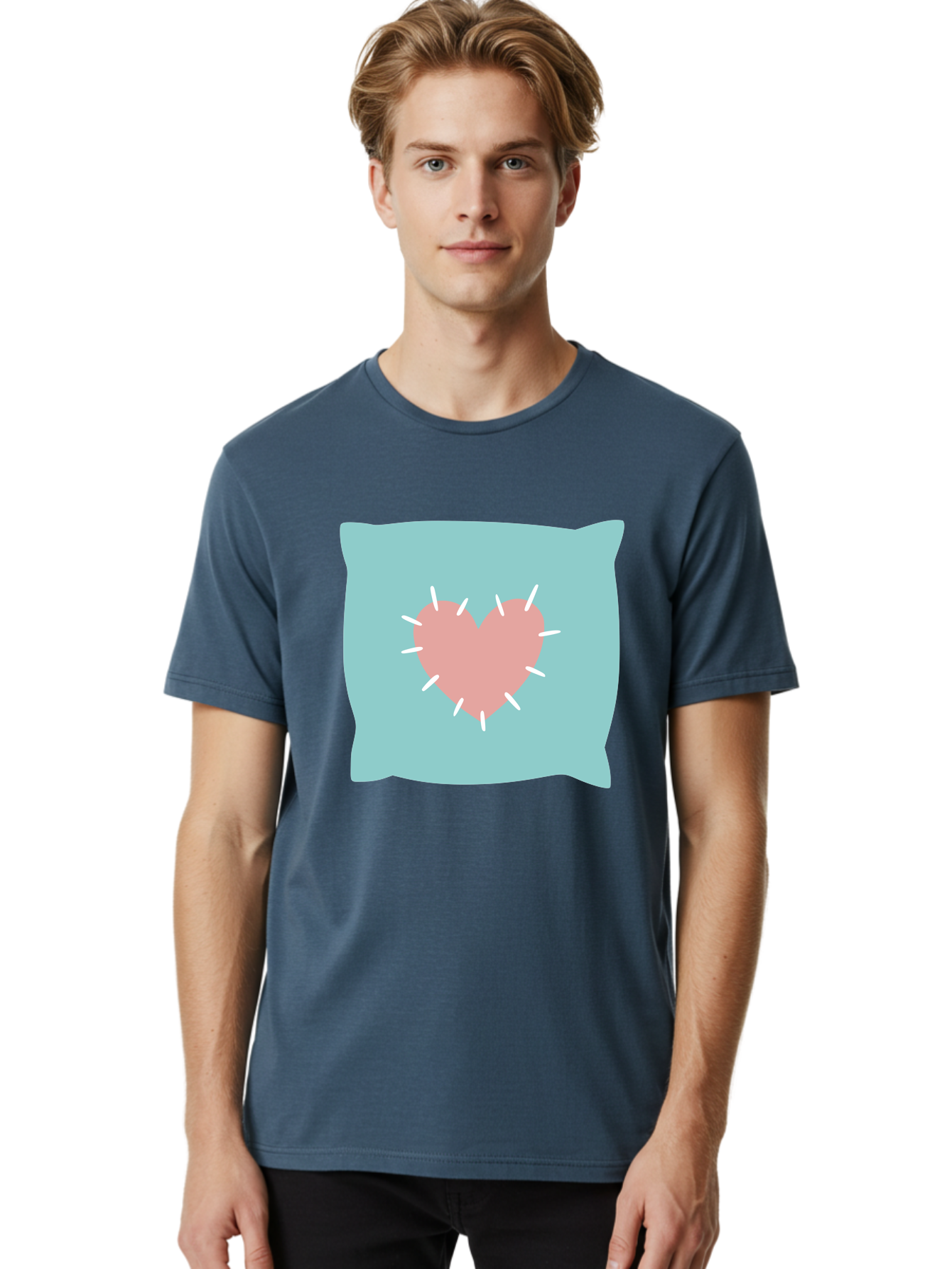 Pillow-With-Heart Men'S Graphic Tee, 100% Cotton, Comfortable Casual Summer Wear, Machine Washable, Pink Heart, Throw Pillow, Teal Background, White Accents, Home Decor, Love Symbol, Decorative Pillow, Heart Design, Cozy Atmosphere, Aac068