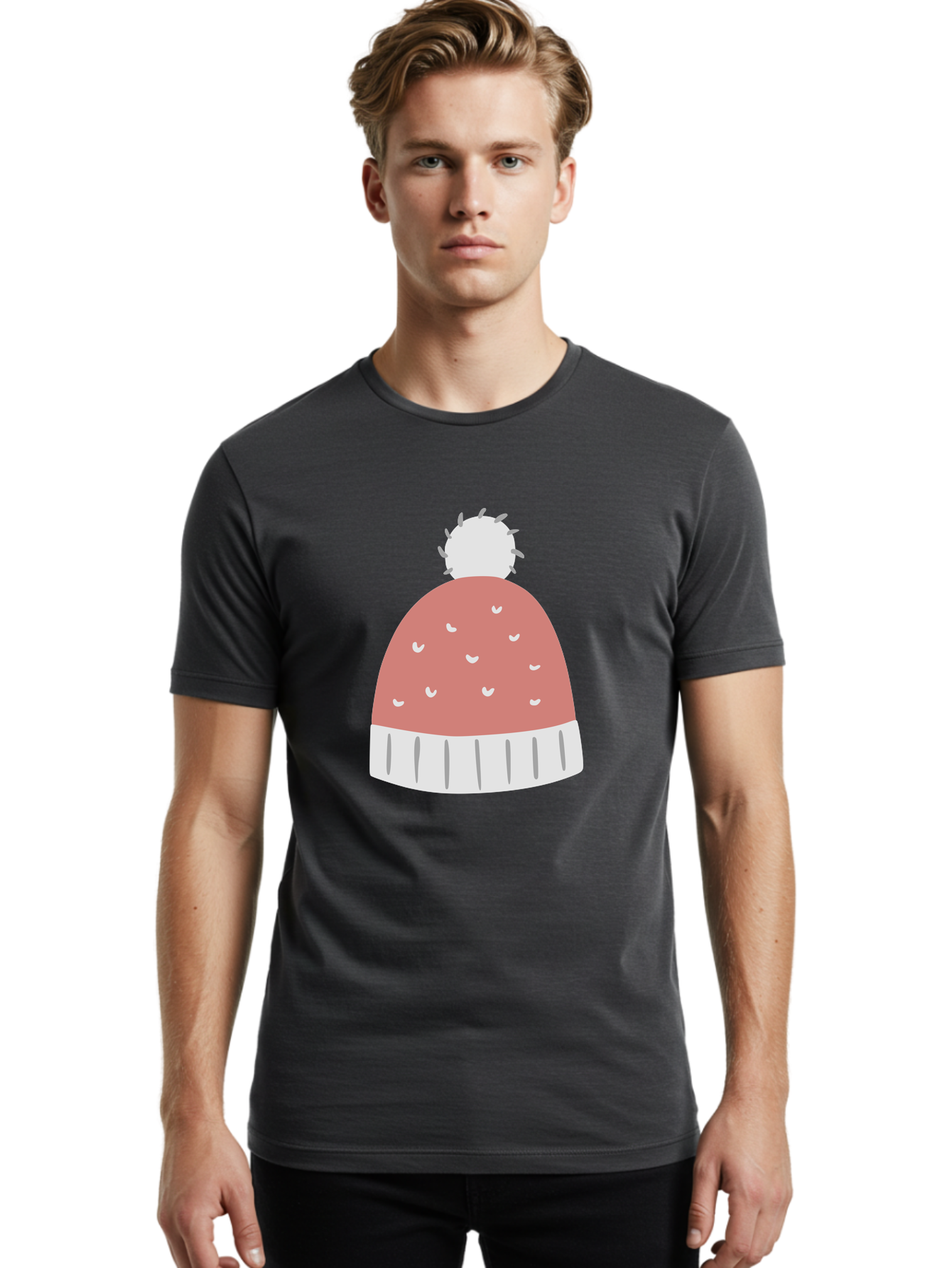 Pink-Beanie Men'S Graphic Tee, 100% Cotton, Comfortable Casual Summer Wear, Machine Washable, Winter Hat, Beanie With Pom-Pom, Pink And White, Festive Fashion, Cold Weather Accessory, Trendy Headwear, Winter Clothing Aac072