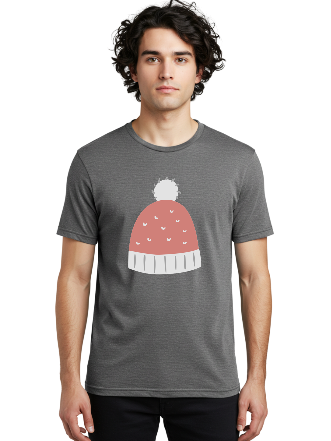 Pink-Beanie Men'S Graphic Tee, 100% Cotton, Comfortable Casual Summer Wear, Machine Washable, Winter Hat, Beanie With Pom-Pom, Pink And White, Festive Fashion, Cold Weather Accessory, Trendy Headwear, Winter Clothing Aac072