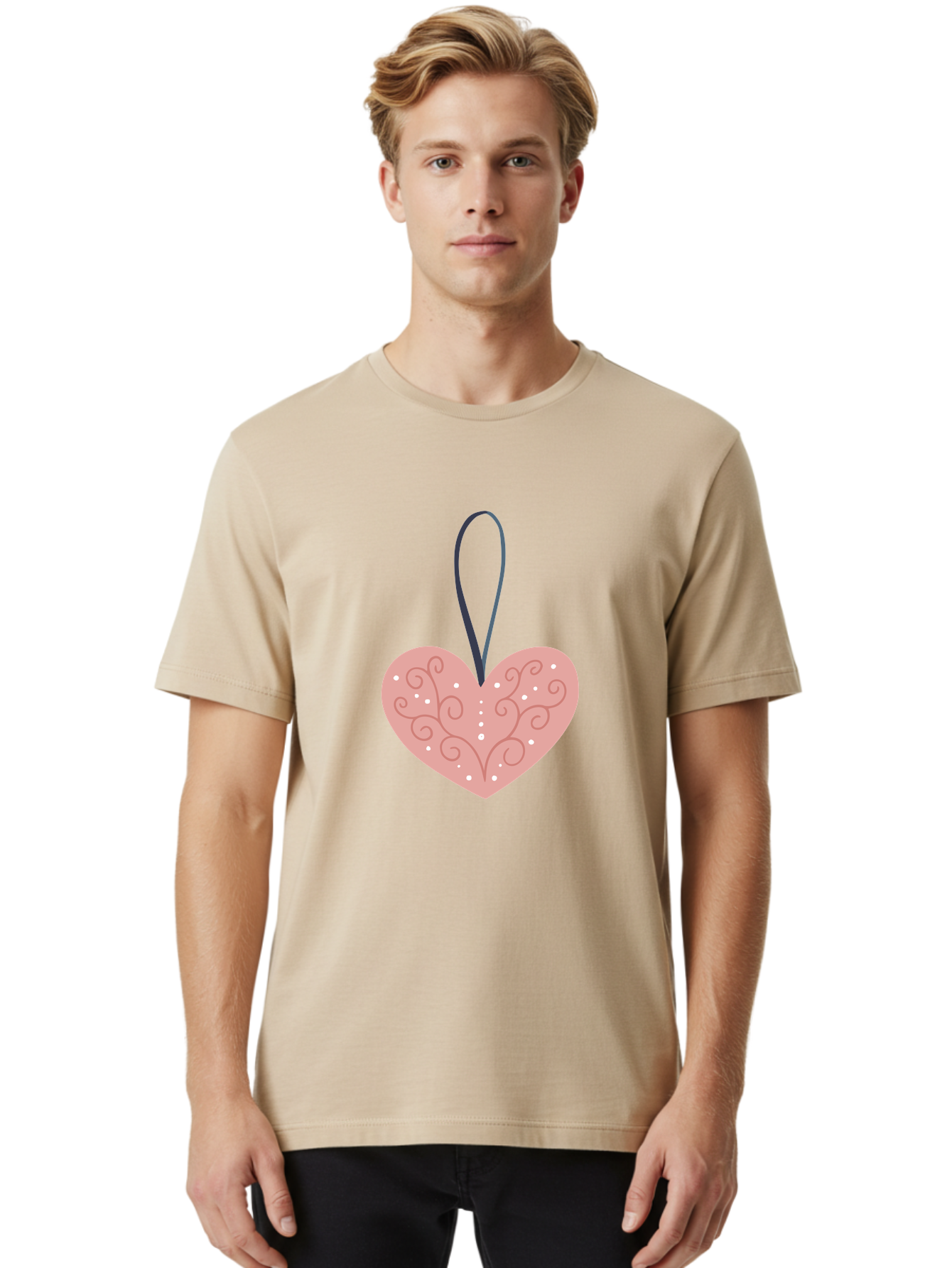 Pink-Heart-Ornament Men'S Graphic Tee, 100% Cotton, Comfortable Casual Summer Wear, Machine Washable, Pink Heart Ornament, Decorative Design, Swirling Patterns, White Dots, Hanging Decoration, Love Symbol, Valentines Day Gift, Festive Decor Aac077