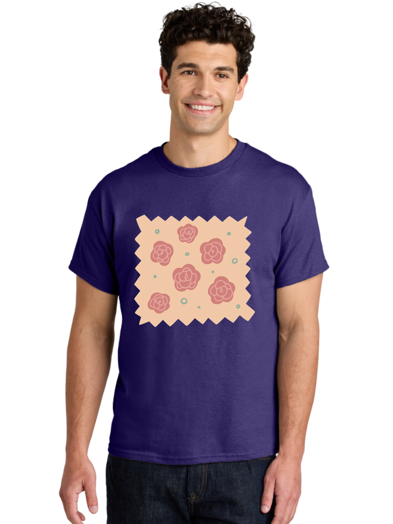 Pink-Roses Men'S Graphic Tee, 100% Cotton, Comfortable Casual Summer Wear, Machine Washable, Pink Roses, White Outlines, Floral Pattern, Decorative Design, Abstract Flowers, Elegant Graphics, Minimalist Art Aac079