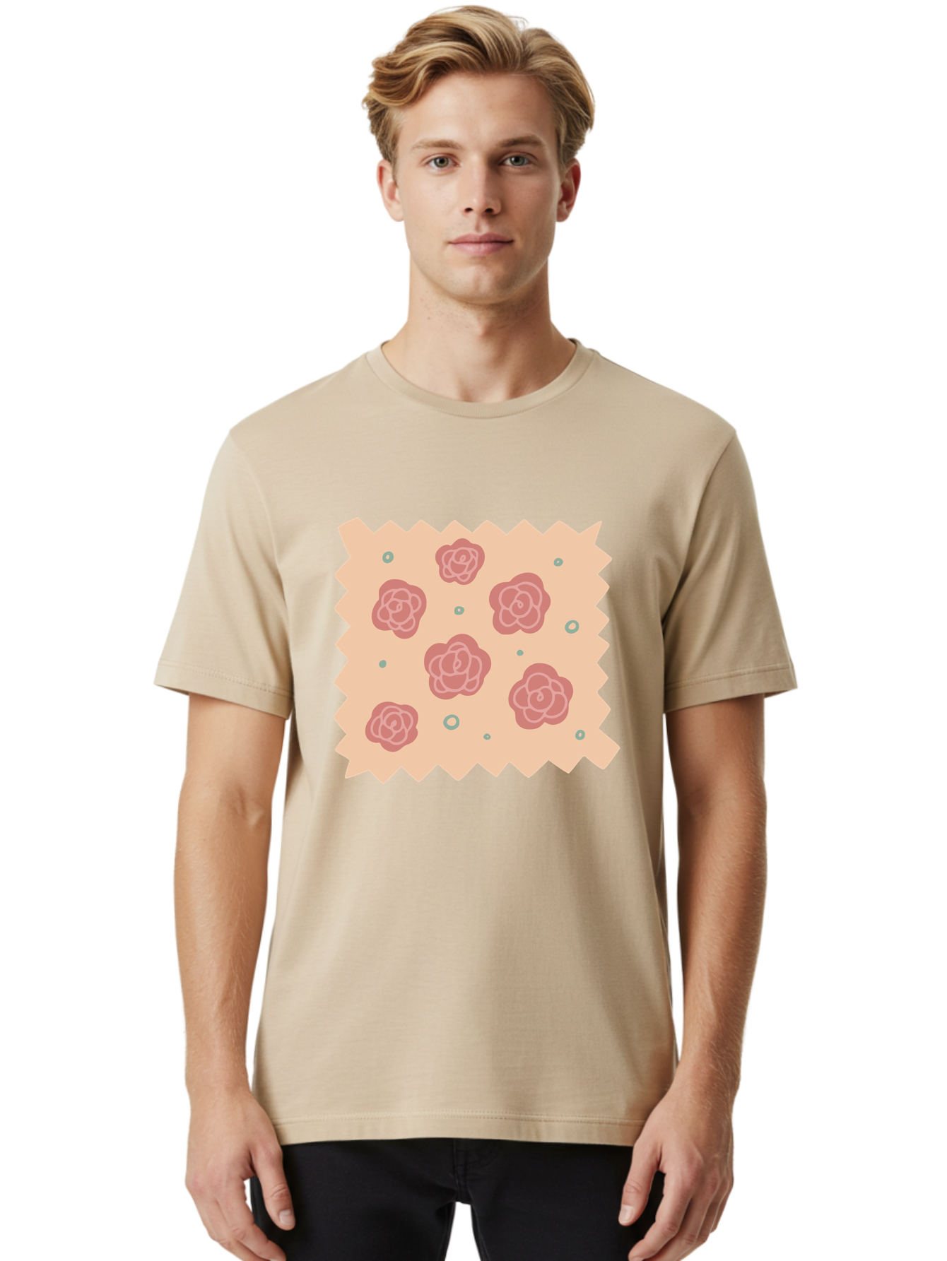 Pink-Roses Men'S Graphic Tee, 100% Cotton, Comfortable Casual Summer Wear, Machine Washable, Pink Roses, White Outlines, Floral Pattern, Decorative Design, Abstract Flowers, Elegant Graphics, Minimalist Art Aac079