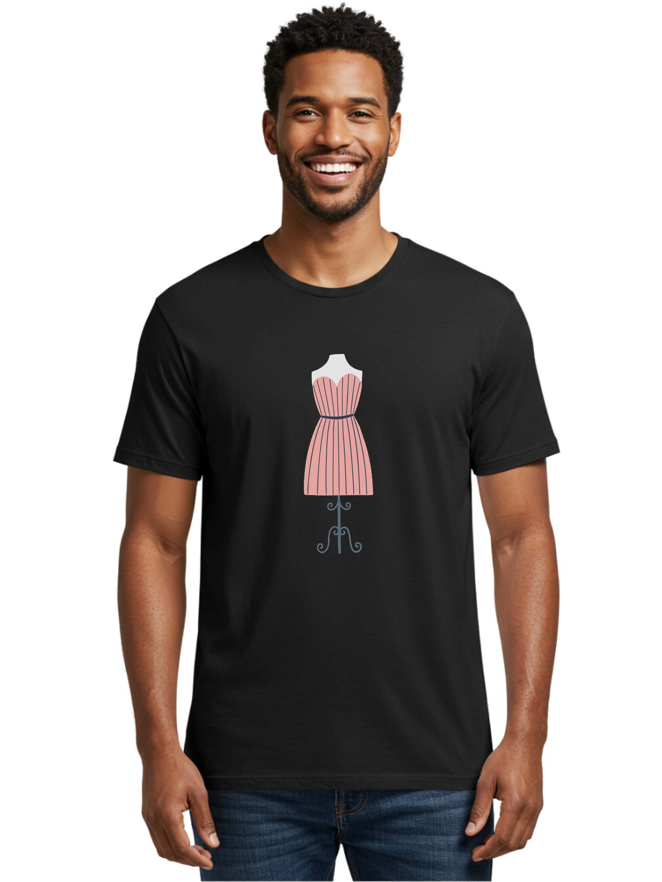 Pink-Striped-Dress Men'S Graphic Tee, 100% Cotton, Comfortable Casual Summer Wear, Machine Washable, Sweetheart Neckline Dress, Knee Length Dress, Striped Pattern, Vintage Style, Fashion Illustration, Womenswear, Designer Dress, Aac081