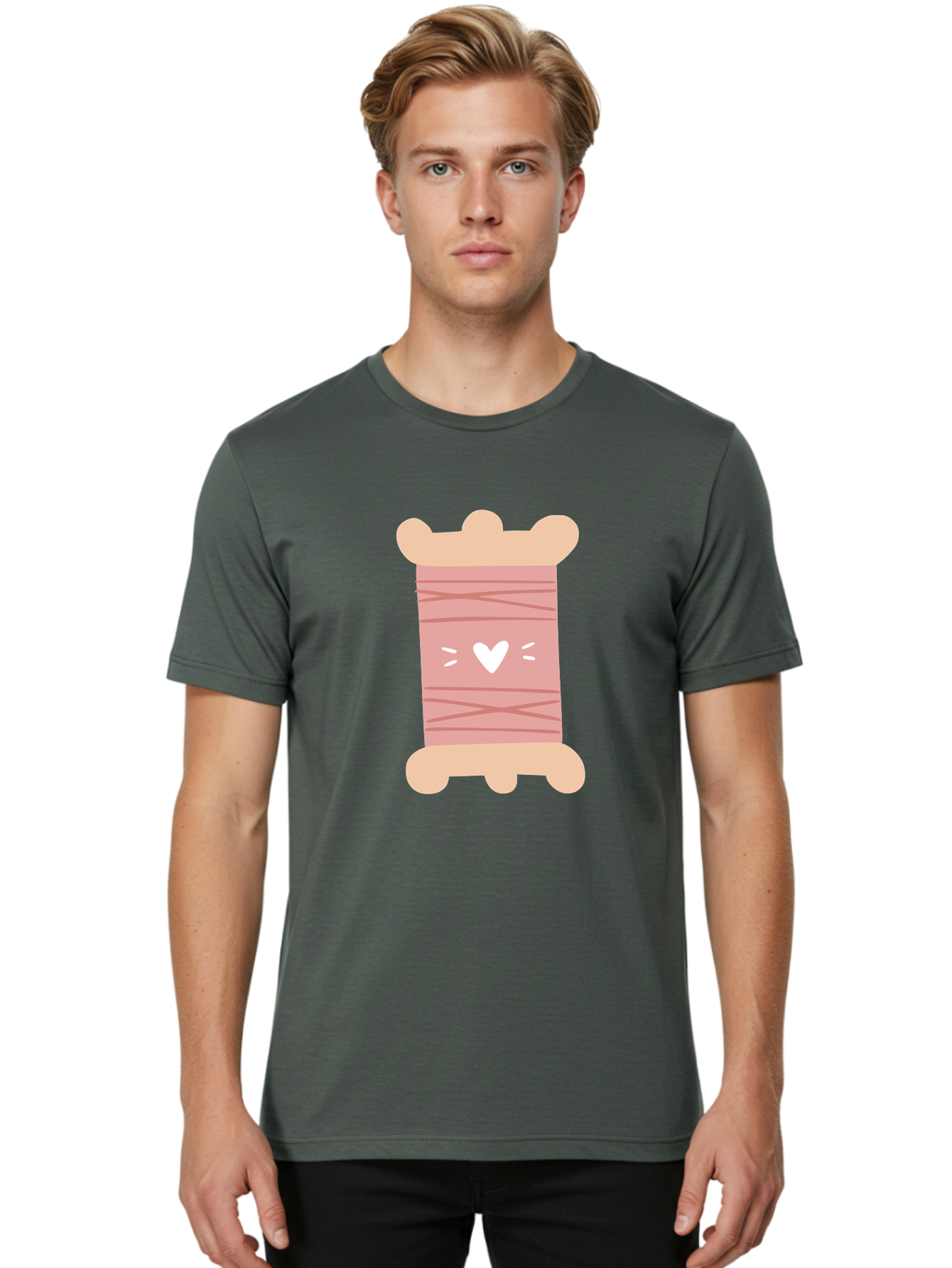 Pink-Thread-Spool-With-Heart Men'S Graphic Tee, 100% Cotton, Comfortable Casual Summer Wear, Machine Washable, Pink Thread Spool, White Heart, Sewing Supplies, Crafting, Diy, Hobby, Embroidery Thread, Pastel Colors, Cute Design, Cartoon Style Aac084