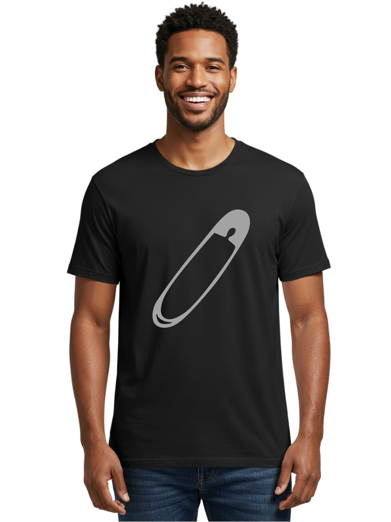 Safety-Pin-1 Men'S Graphic Tee, 100% Cotton, Comfortable Casual Summer Wear, Machine Washable, Safety Pin, Gray Metal, Simple Design, Minimalist Style, Utility Icon, Fashion Accessory, Office Supply Aac094