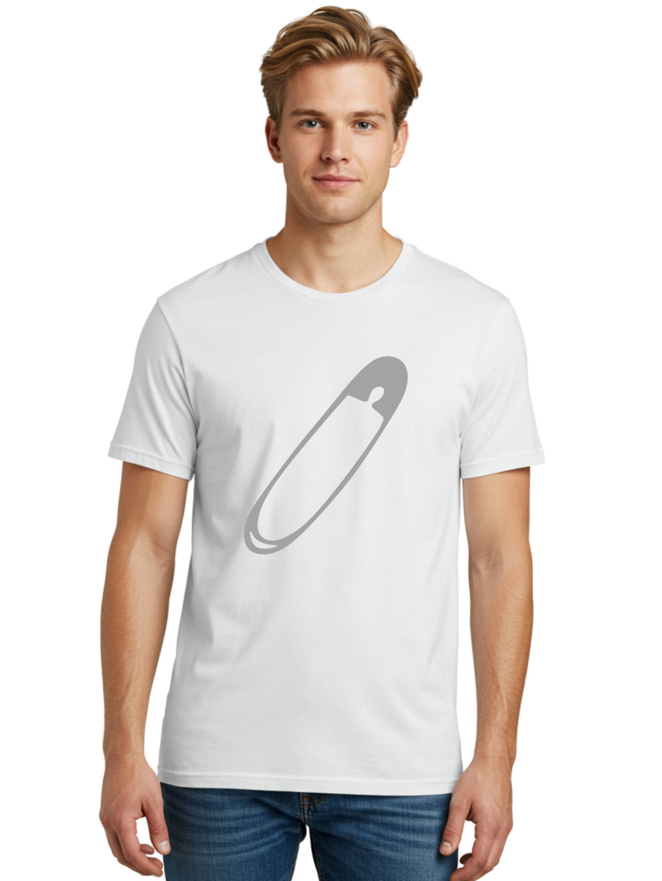 Safety-Pin-1 Men'S Graphic Tee, 100% Cotton, Comfortable Casual Summer Wear, Machine Washable, Safety Pin, Gray Metal, Simple Design, Minimalist Style, Utility Icon, Fashion Accessory, Office Supply Aac094