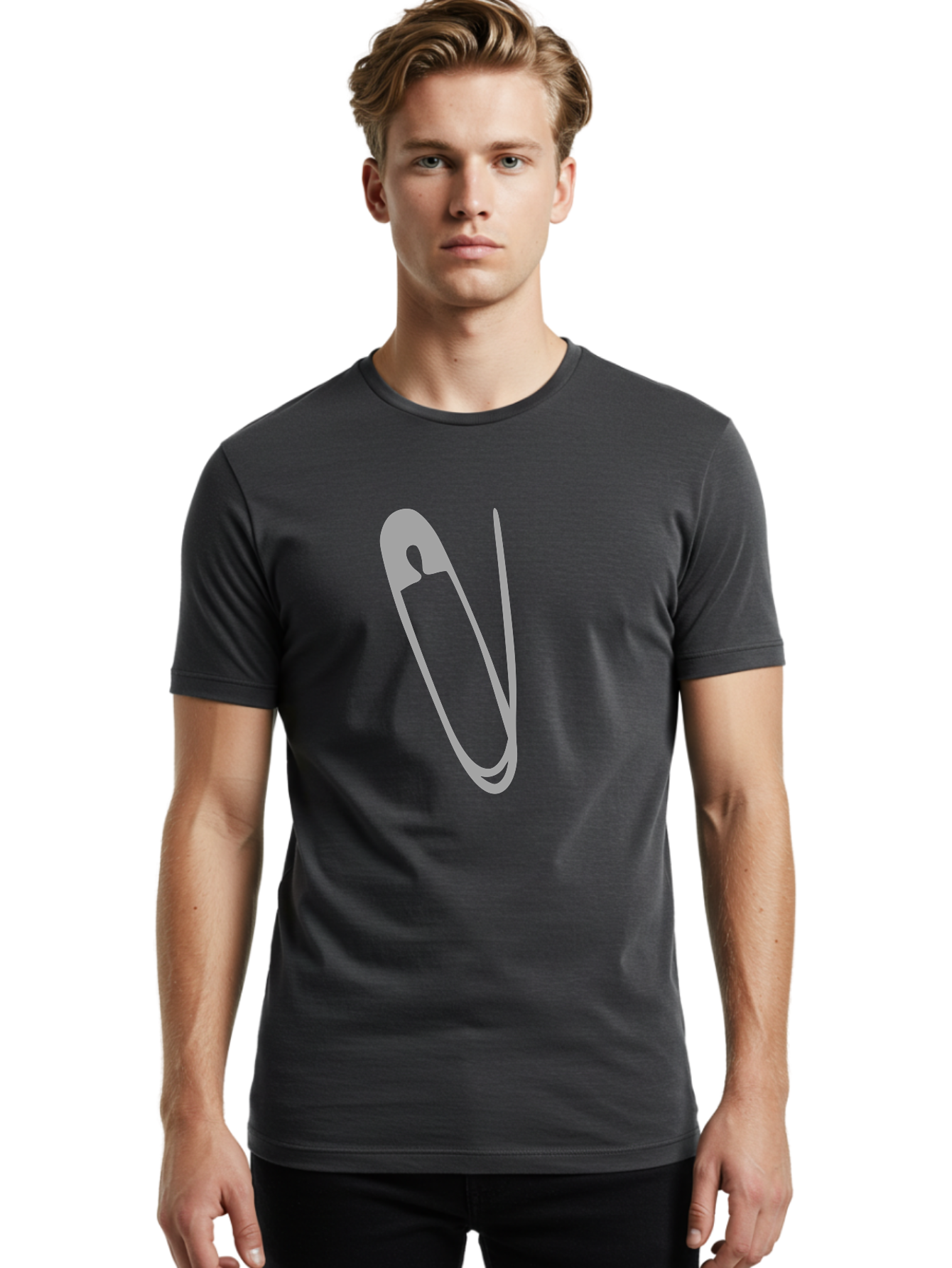 Safety-Pin Men'S Graphic Tee, 100% Cotton, Comfortable Casual Summer Wear, Machine Washable, Safety Pin, Gray Safety Pin, Pin Icon, Gray Icon, Simple Design, Minimalist Graphic, Safety Pin Illustration Aac095