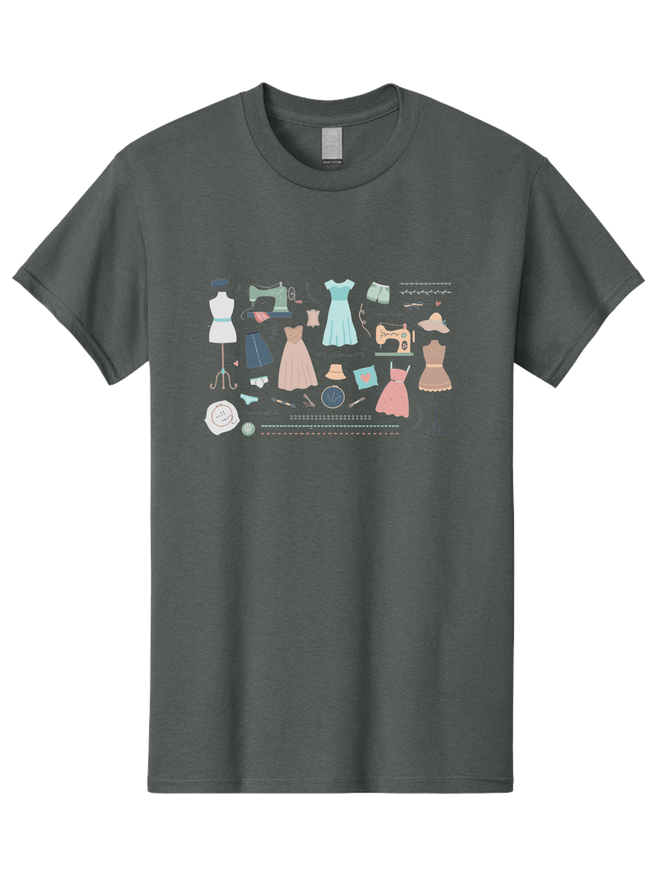 Sewing-Clipart Men'S Graphic Tee, 100% Cotton, Comfortable Casual Summer Wear, Machine Washable, Dresses, Sewing Machines, Mannequins, Fashion Design, Textile Art, Sewing Tools, Threads, Buttons, Fashion Illustration, Custom Clothing, Aac098