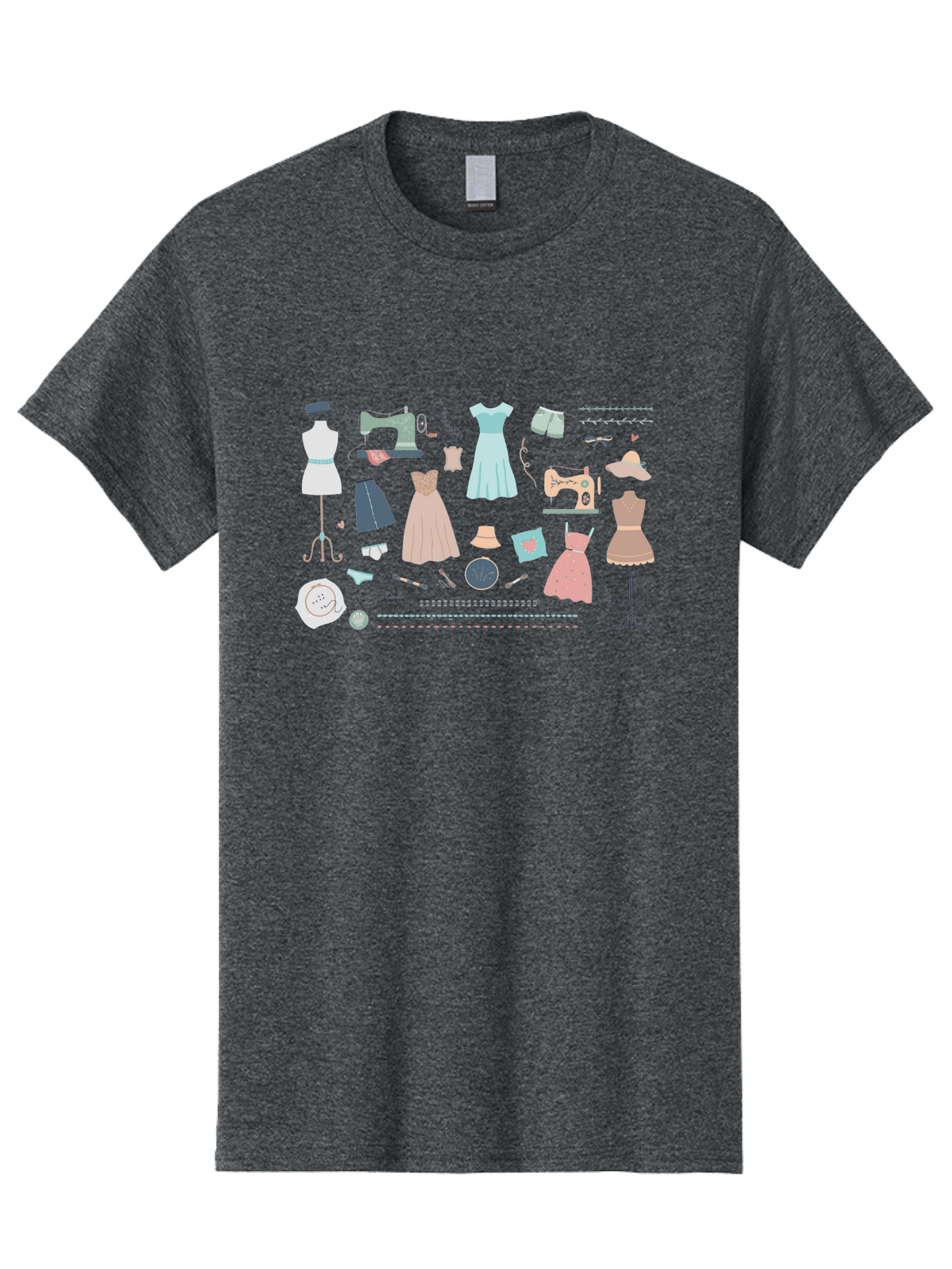 Sewing-Clipart Men'S Graphic Tee, 100% Cotton, Comfortable Casual Summer Wear, Machine Washable, Dresses, Sewing Machines, Mannequins, Fashion Design, Textile Art, Sewing Tools, Threads, Buttons, Fashion Illustration, Custom Clothing, Aac098