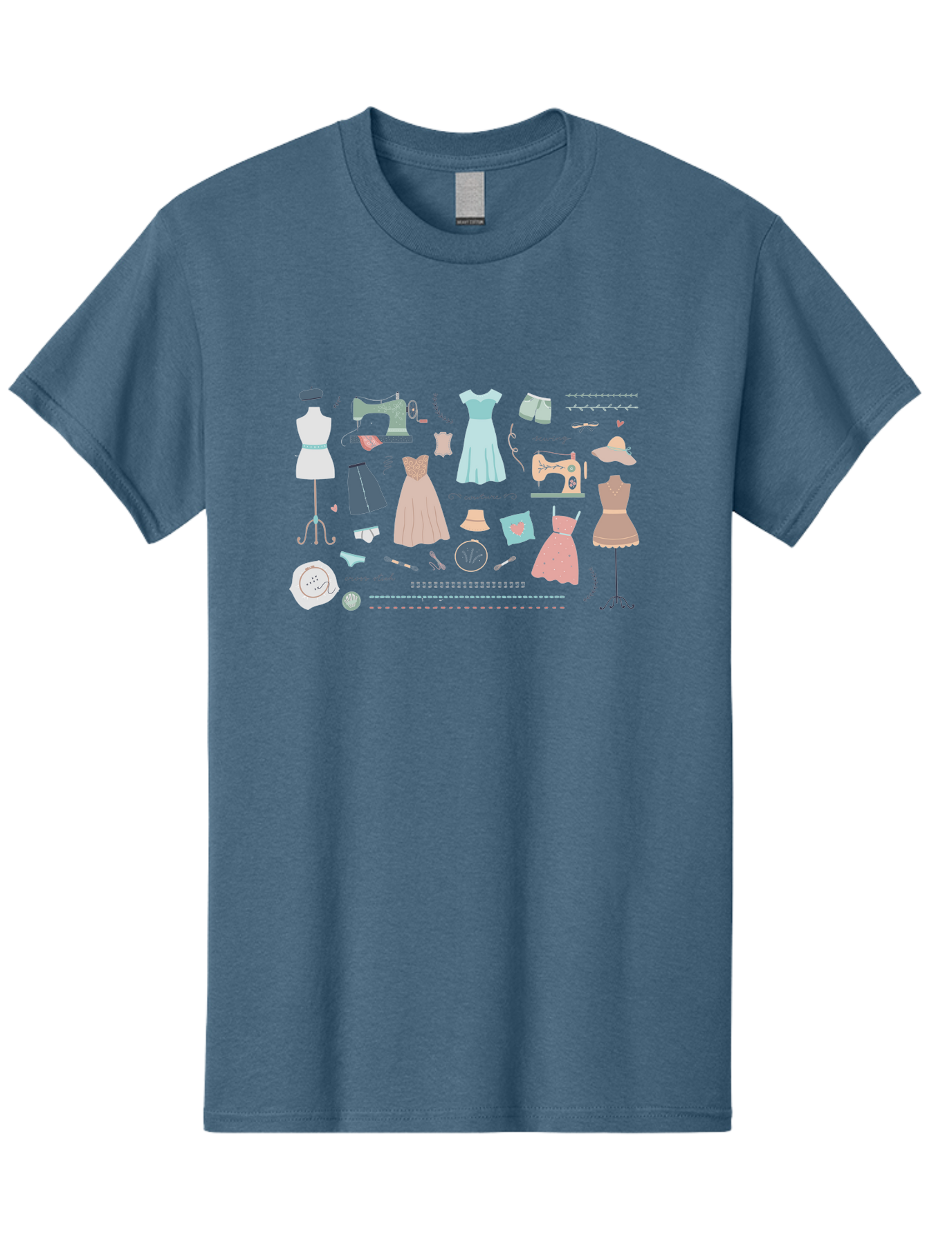 Sewing-Clipart Men'S Graphic Tee, 100% Cotton, Comfortable Casual Summer Wear, Machine Washable, Dresses, Sewing Machines, Mannequins, Fashion Design, Textile Art, Sewing Tools, Threads, Buttons, Fashion Illustration, Custom Clothing, Aac098