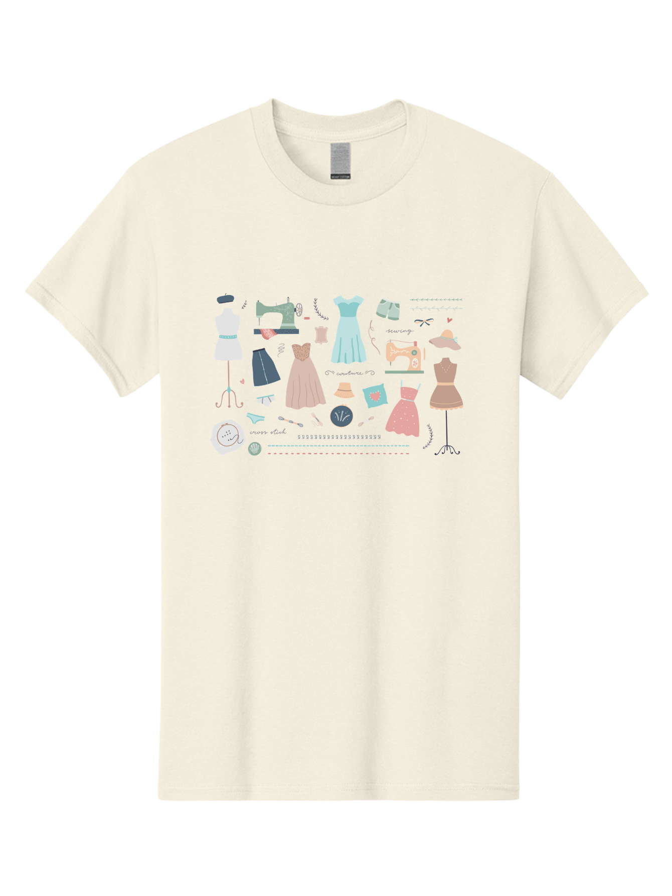 Sewing-Clipart Men'S Graphic Tee, 100% Cotton, Comfortable Casual Summer Wear, Machine Washable, Dresses, Sewing Machines, Mannequins, Fashion Design, Textile Art, Sewing Tools, Threads, Buttons, Fashion Illustration, Custom Clothing, Aac098