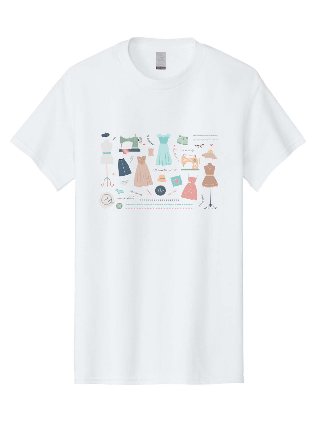 Sewing-Clipart Men'S Graphic Tee, 100% Cotton, Comfortable Casual Summer Wear, Machine Washable, Dresses, Sewing Machines, Mannequins, Fashion Design, Textile Art, Sewing Tools, Threads, Buttons, Fashion Illustration, Custom Clothing, Aac098