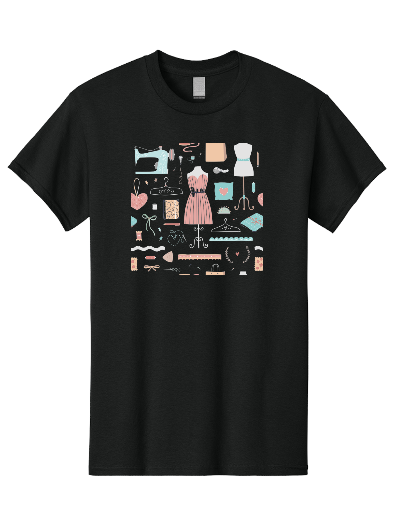 Sewing-Icons Men'S Graphic Tee, 100% Cotton, Comfortable Casual Summer Wear, Machine Washable, Fashion Design, Sewing Machine, Mannequin, Dress, Clothing Hangers, Sewing Accessories, Fashion Accessories, Gift Wrapping, Hearts, Bows, Ribbons, Aac099