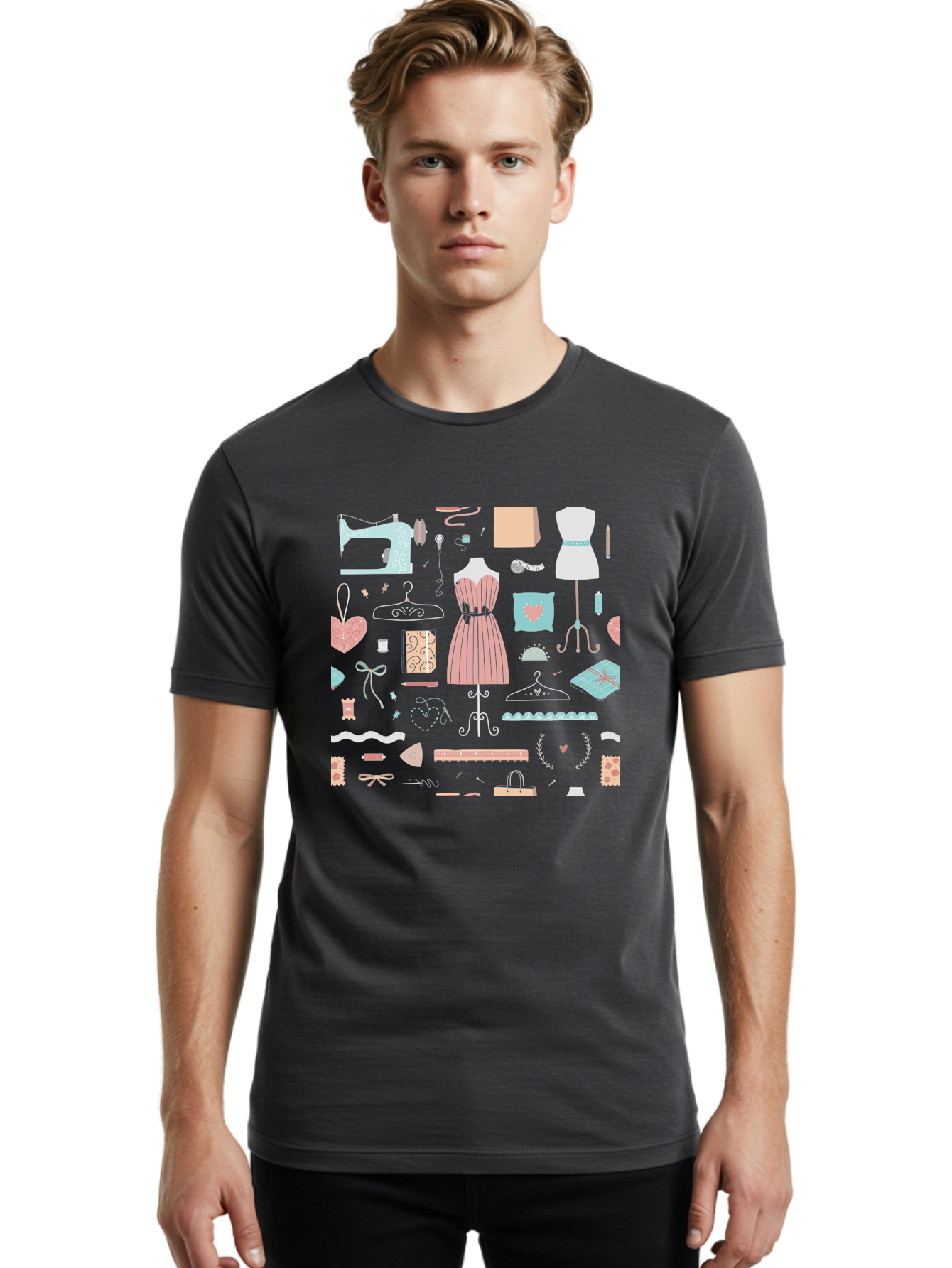 Sewing-Icons Men'S Graphic Tee, 100% Cotton, Comfortable Casual Summer Wear, Machine Washable, Fashion Design, Sewing Machine, Mannequin, Dress, Clothing Hangers, Sewing Accessories, Fashion Accessories, Gift Wrapping, Hearts, Bows, Ribbons, Aac099