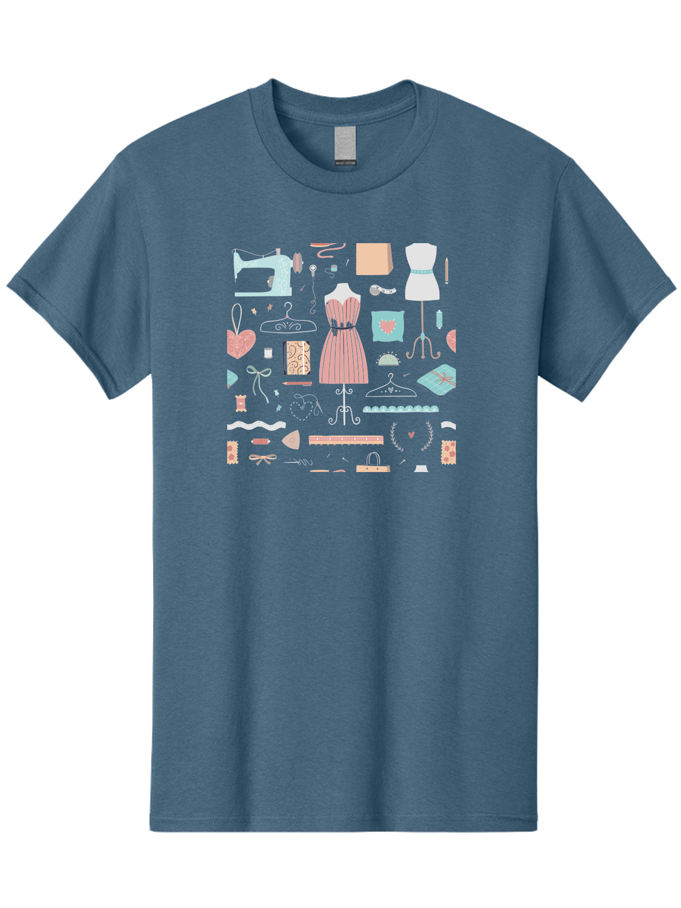 Sewing-Icons Men'S Graphic Tee, 100% Cotton, Comfortable Casual Summer Wear, Machine Washable, Fashion Design, Sewing Machine, Mannequin, Dress, Clothing Hangers, Sewing Accessories, Fashion Accessories, Gift Wrapping, Hearts, Bows, Ribbons, Aac099