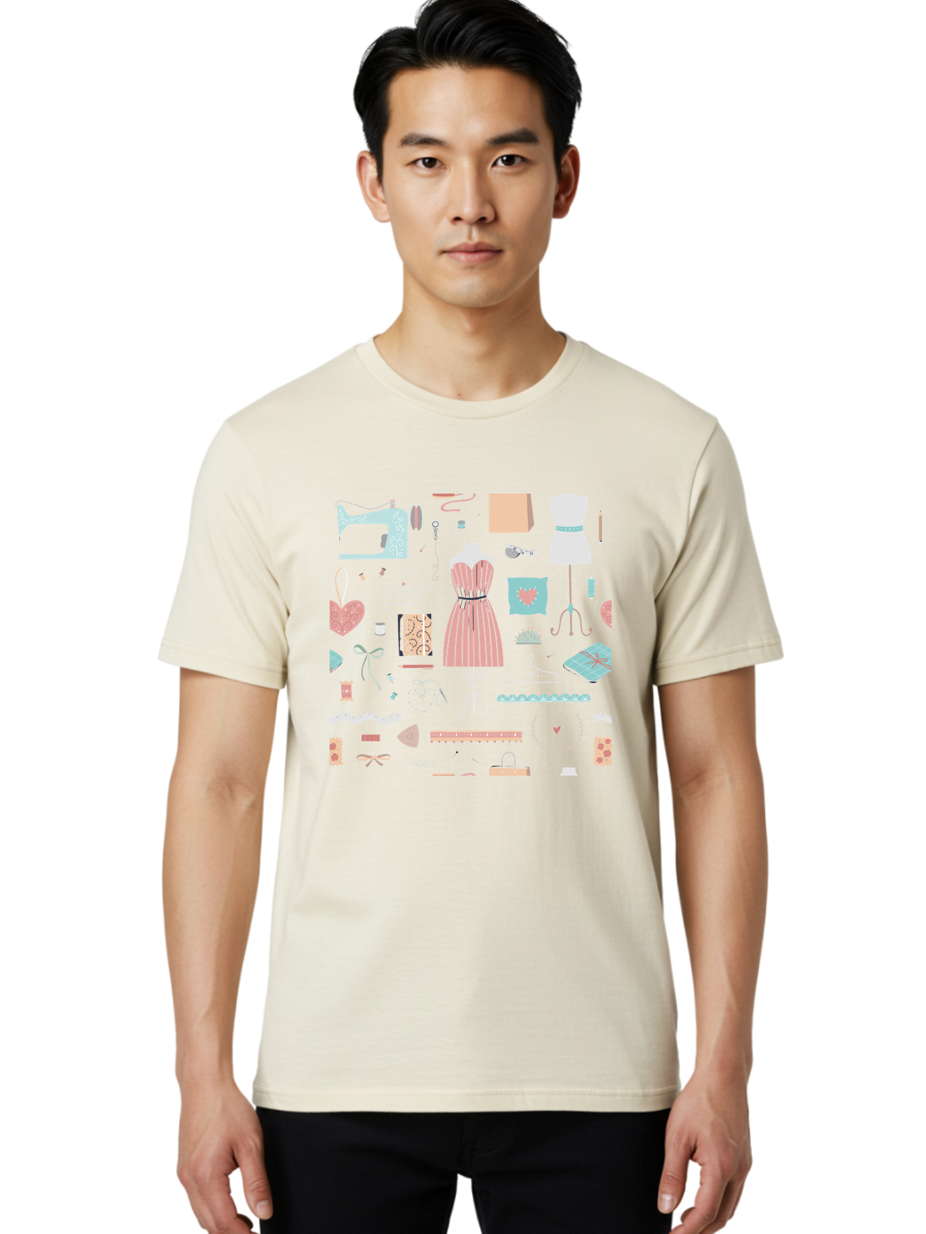 Sewing-Icons Men'S Graphic Tee, 100% Cotton, Comfortable Casual Summer Wear, Machine Washable, Fashion Design, Sewing Machine, Mannequin, Dress, Clothing Hangers, Sewing Accessories, Fashion Accessories, Gift Wrapping, Hearts, Bows, Ribbons, Aac099