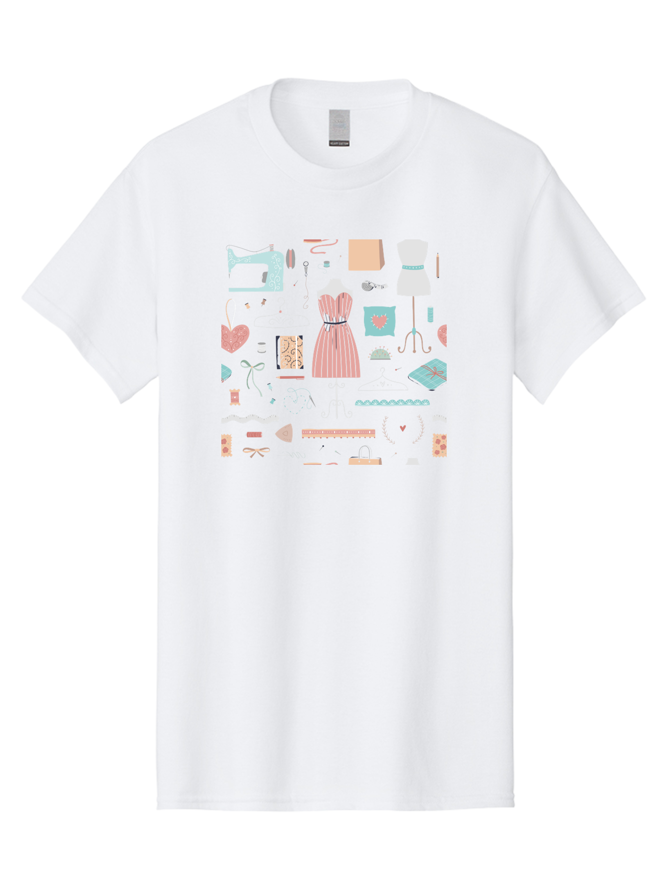Sewing-Icons Men'S Graphic Tee, 100% Cotton, Comfortable Casual Summer Wear, Machine Washable, Fashion Design, Sewing Machine, Mannequin, Dress, Clothing Hangers, Sewing Accessories, Fashion Accessories, Gift Wrapping, Hearts, Bows, Ribbons, Aac099