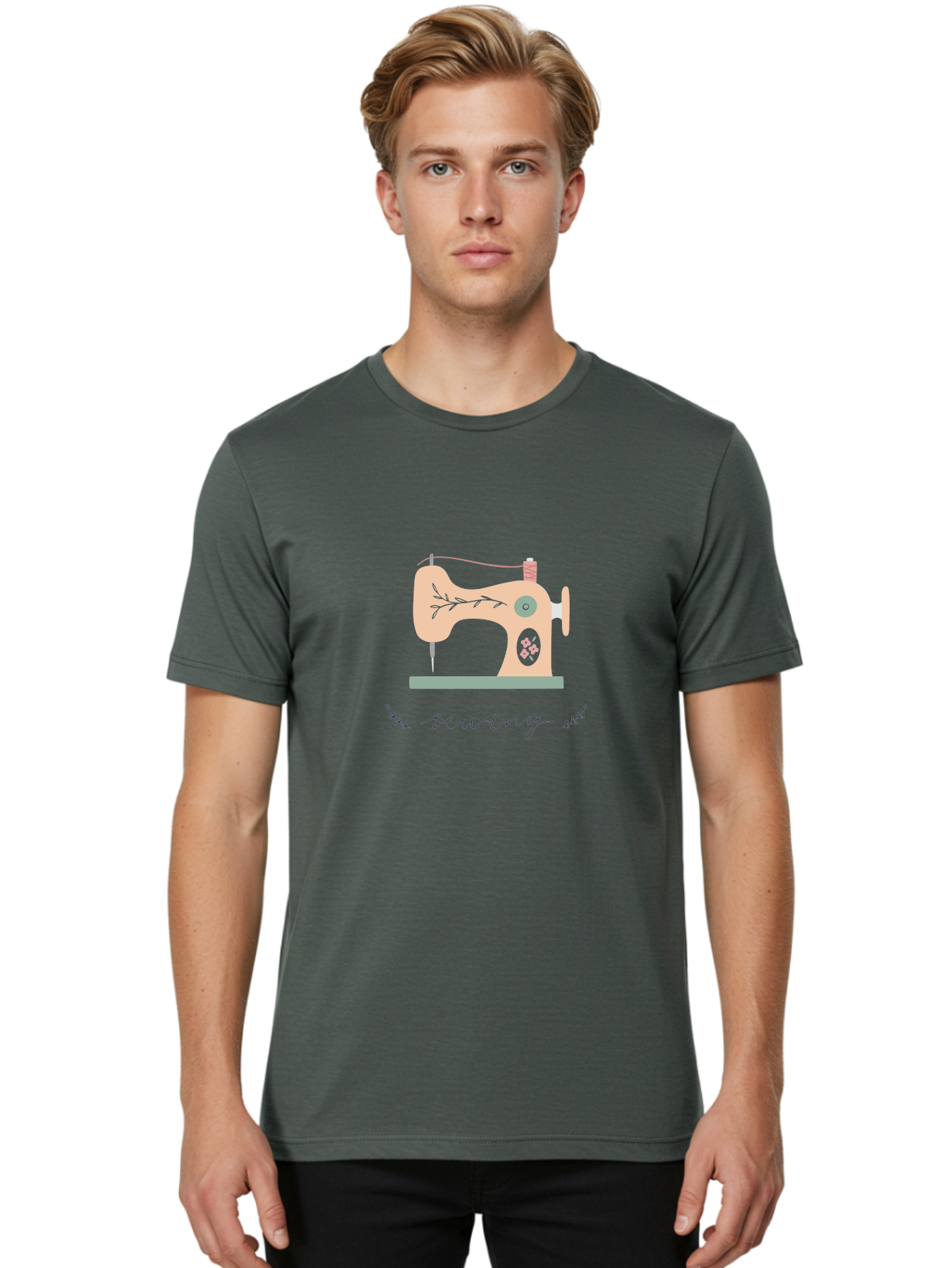 Sewing-Machine-1 Men'S Graphic Tee, 100% Cotton, Comfortable Casual Summer Wear, Machine Washable, Sewing Machine, Pink Floral Pattern, Beige Machine, Green Base, Red Thread, White Leaf Design, Creative Hobbies, Handmade Crafts, Needlework, Aac100