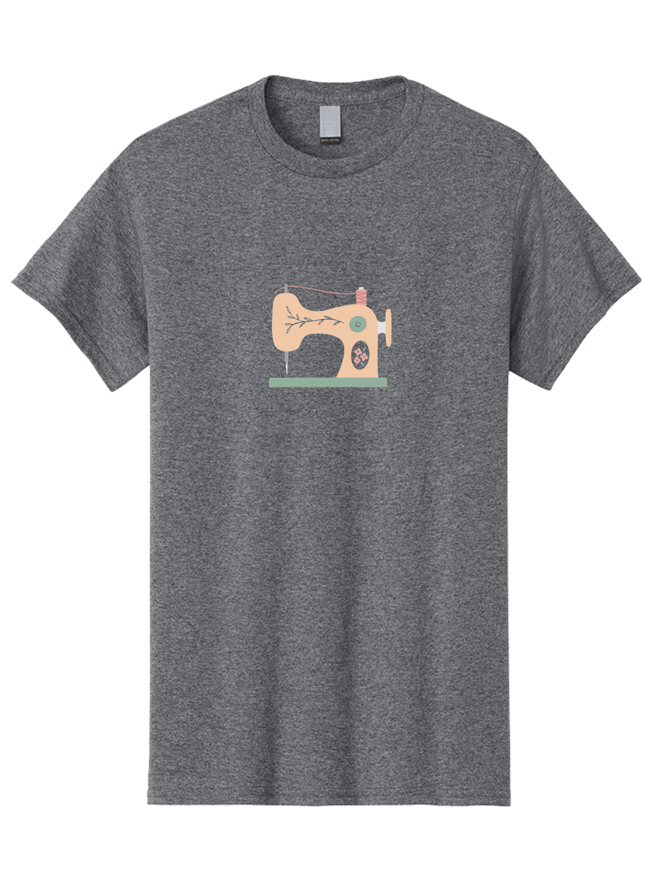 Sewing-Machine-1 Men'S Graphic Tee, 100% Cotton, Comfortable Casual Summer Wear, Machine Washable, Sewing Machine, Pink Floral Pattern, Beige Machine, Green Base, Red Thread, White Leaf Design, Creative Hobbies, Handmade Crafts, Needlework, Aac100