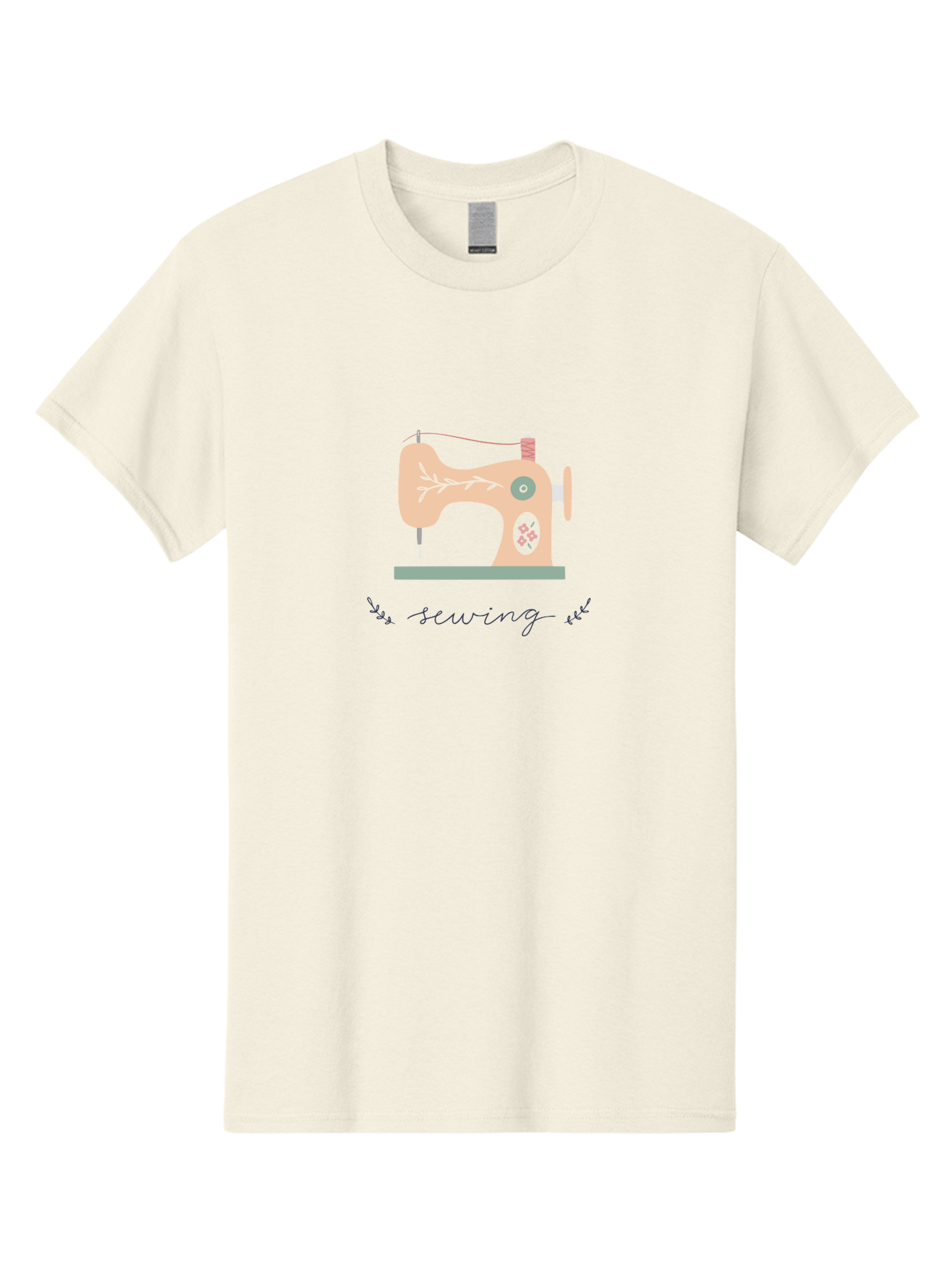 Sewing-Machine-1 Men'S Graphic Tee, 100% Cotton, Comfortable Casual Summer Wear, Machine Washable, Sewing Machine, Pink Floral Pattern, Beige Machine, Green Base, Red Thread, White Leaf Design, Creative Hobbies, Handmade Crafts, Needlework, Aac100