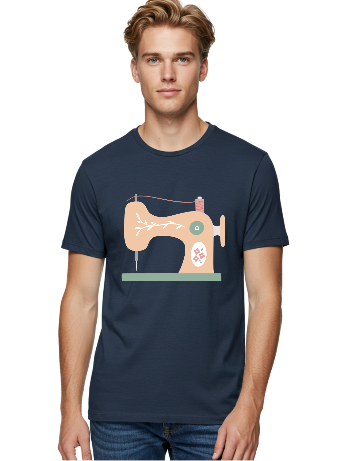Sewing-Machine-5 Men'S Graphic Tee, 100% Cotton, Comfortable Casual Summer Wear, Machine Washable, Vintage Sewing Machine, Floral Patterns, Embroidery Designs, Needle And Thread, Pastel Colors, Creative Crafting, Diy Sewing, Textile Art, Aac104