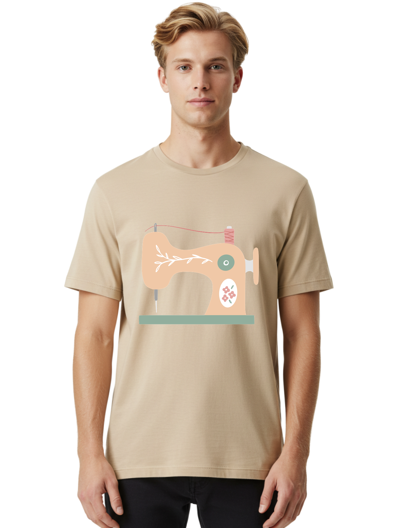 Sewing-Machine-5 Men'S Graphic Tee, 100% Cotton, Comfortable Casual Summer Wear, Machine Washable, Vintage Sewing Machine, Floral Patterns, Embroidery Designs, Needle And Thread, Pastel Colors, Creative Crafting, Diy Sewing, Textile Art, Aac104