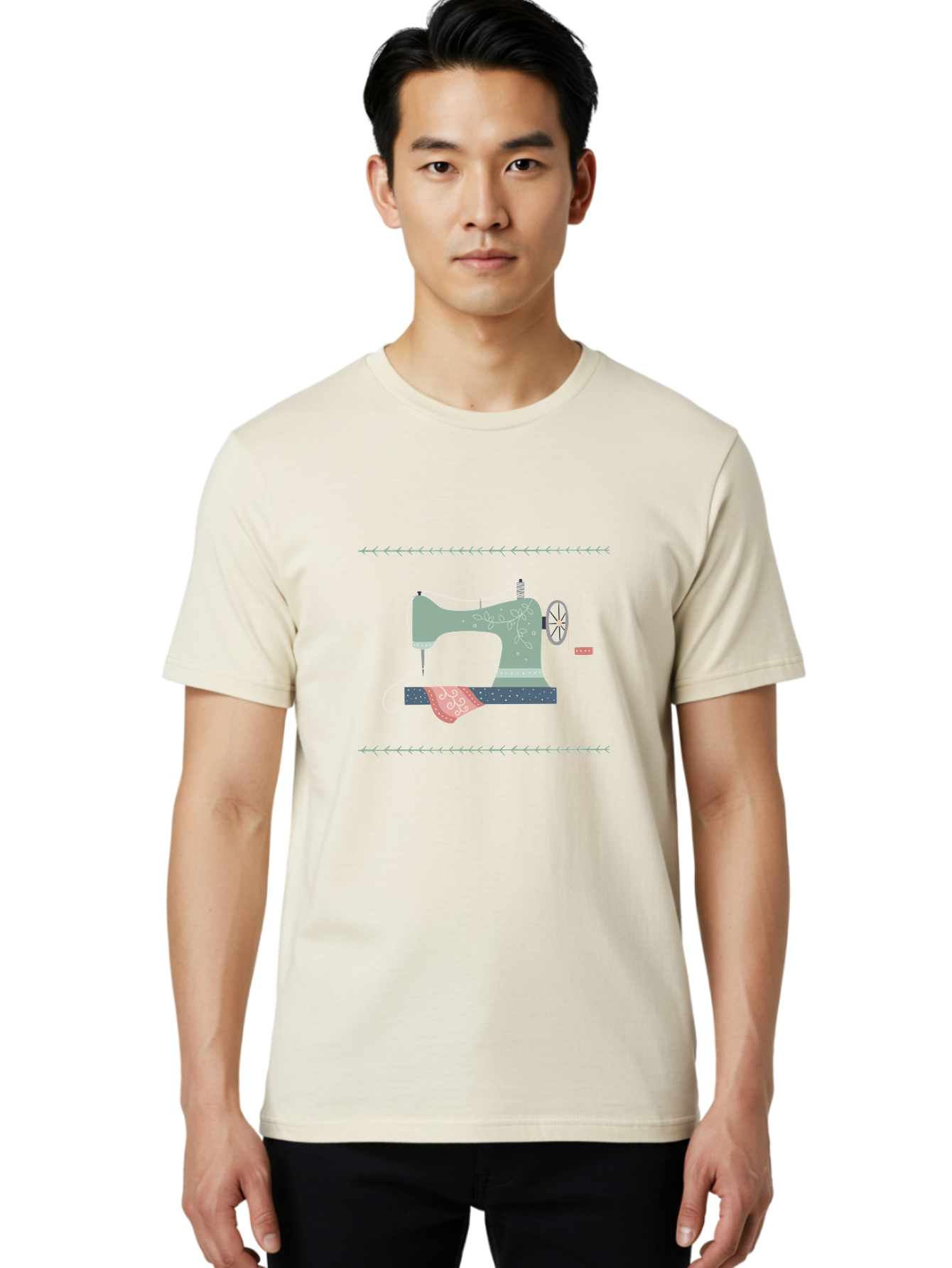 Sewing-Machine Men'S Graphic Tee, 100% Cotton, Comfortable Casual Summer Wear, Machine Washable, Vintage Sewing Machine, Floral Patterns, Red Fabric, White Designs, Antique Style, Sewing Accessories, Decorative Elements, Nostalgic Charm, Aac106