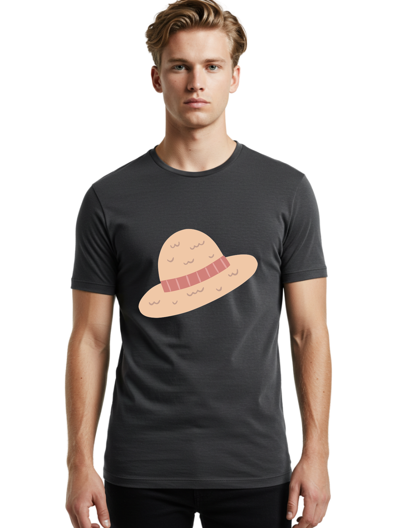 Straw-Hat Men'S Graphic Tee, 100% Cotton, Comfortable Casual Summer Wear, Machine Washable, Straw Hat With Ribbon Band, Summer Hat, Beachwear Fashion, Bohemian Style, Stylish Accessory, Outdoor Gear Aac118