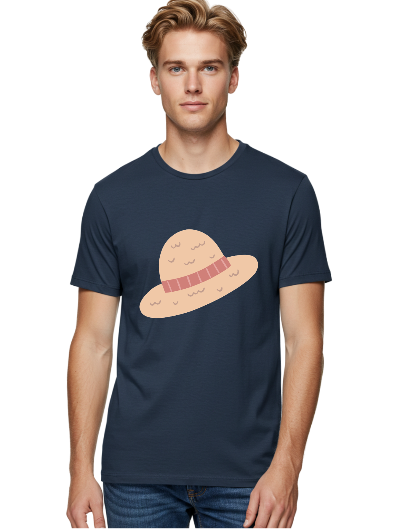 Straw-Hat Men'S Graphic Tee, 100% Cotton, Comfortable Casual Summer Wear, Machine Washable, Straw Hat With Ribbon Band, Summer Hat, Beachwear Fashion, Bohemian Style, Stylish Accessory, Outdoor Gear Aac118