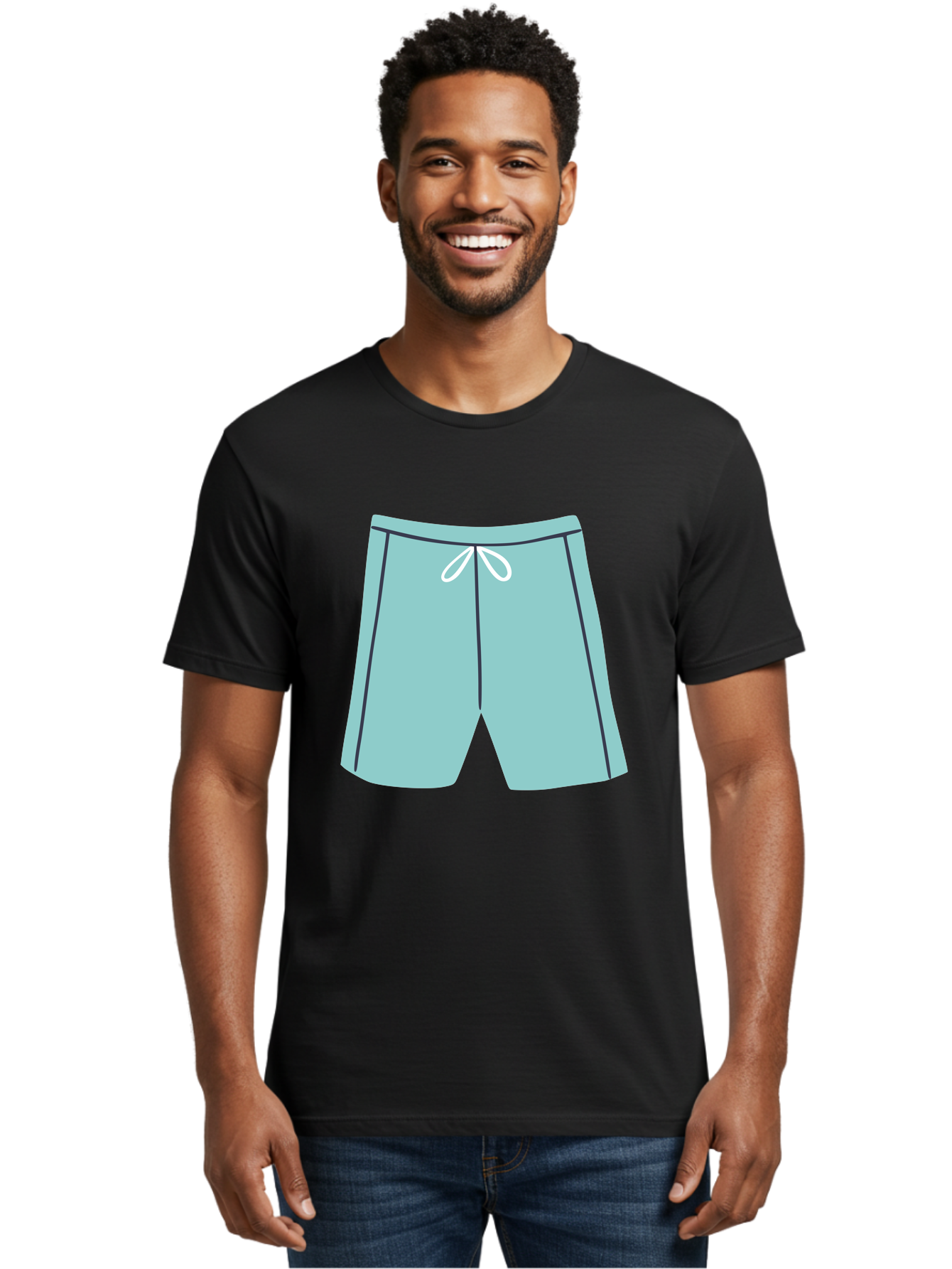 Teal-Shorts Men'S Graphic Tee, 100% Cotton, Comfortable Casual Summer Wear, Machine Washable, Teal Shorts, Drawstring Waist, Black Stripes, Athletic Wear, Casual Fashion, Comfortable Clothing, Relaxed Fit, Summer Style Aac123