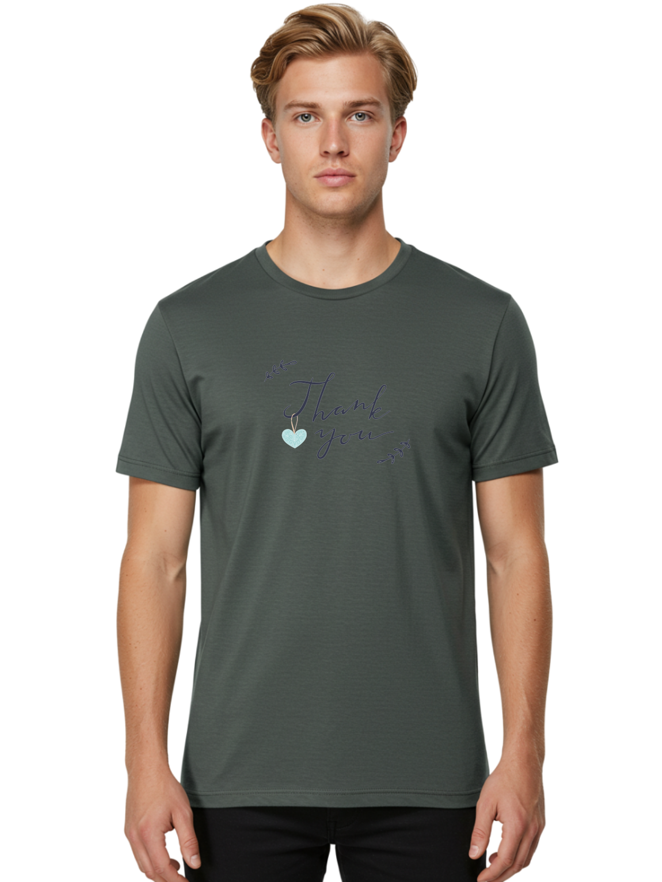 Thank-You Men'S Graphic Tee, 100% Cotton, Comfortable Casual Summer Wear, Machine Washable, Thank You Message, Gratitude, Appreciation, Heartfelt Thanks, Cursive Text, Blue Heart, Delicate Leaves, Elegant Design, Acknowledgement Gift, Aac125