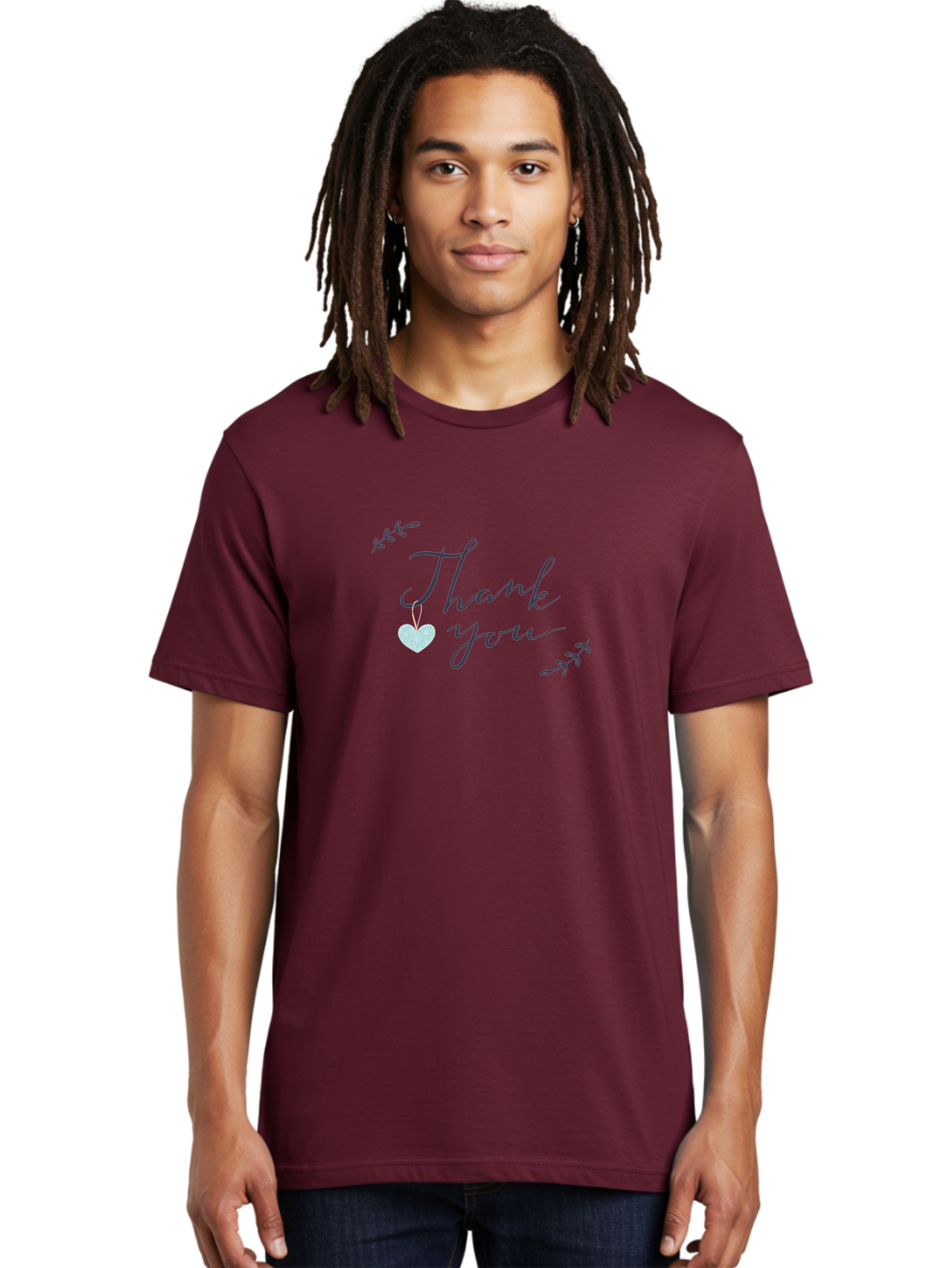 Thank-You Men'S Graphic Tee, 100% Cotton, Comfortable Casual Summer Wear, Machine Washable, Thank You Message, Gratitude, Appreciation, Heartfelt Thanks, Cursive Text, Blue Heart, Delicate Leaves, Elegant Design, Acknowledgement Gift, Aac125