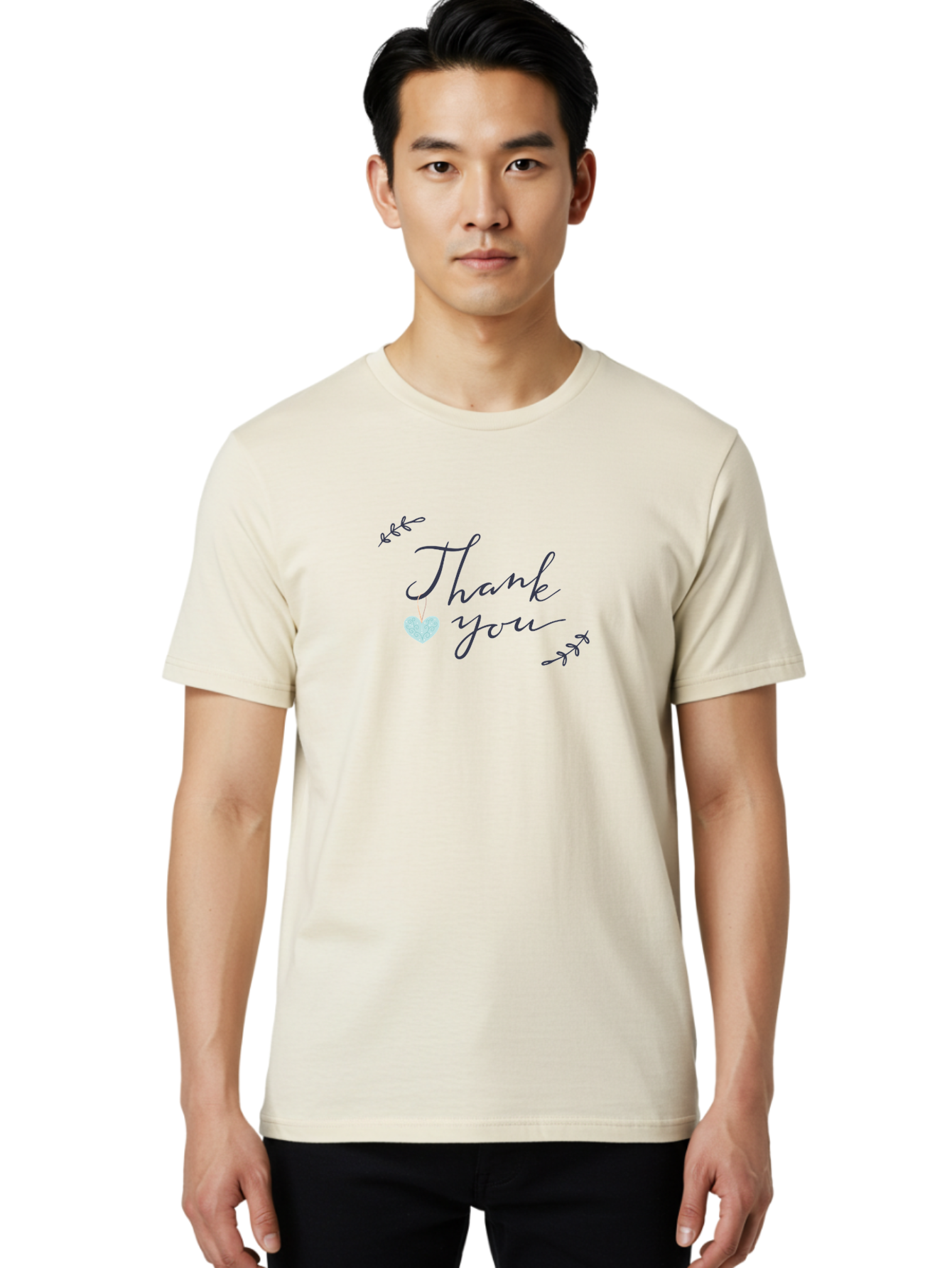 Thank-You Men'S Graphic Tee, 100% Cotton, Comfortable Casual Summer Wear, Machine Washable, Thank You Message, Gratitude, Appreciation, Heartfelt Thanks, Cursive Text, Blue Heart, Delicate Leaves, Elegant Design, Acknowledgement Gift, Aac125