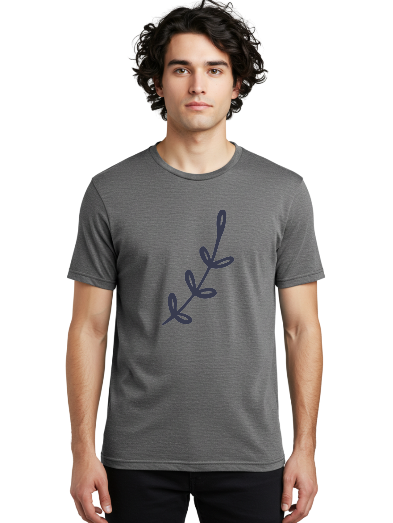 Three-Leaf-Stem Men'S Graphic Tee, 100% Cotton, Comfortable Casual Summer Wear, Machine Washable, Simple Drawing, Minimalistic Art, Abstract Design, Oval Shapes, Leafy Stem, Dark Gray Lines, Modern Illustration, Stylized Plant Aac126
