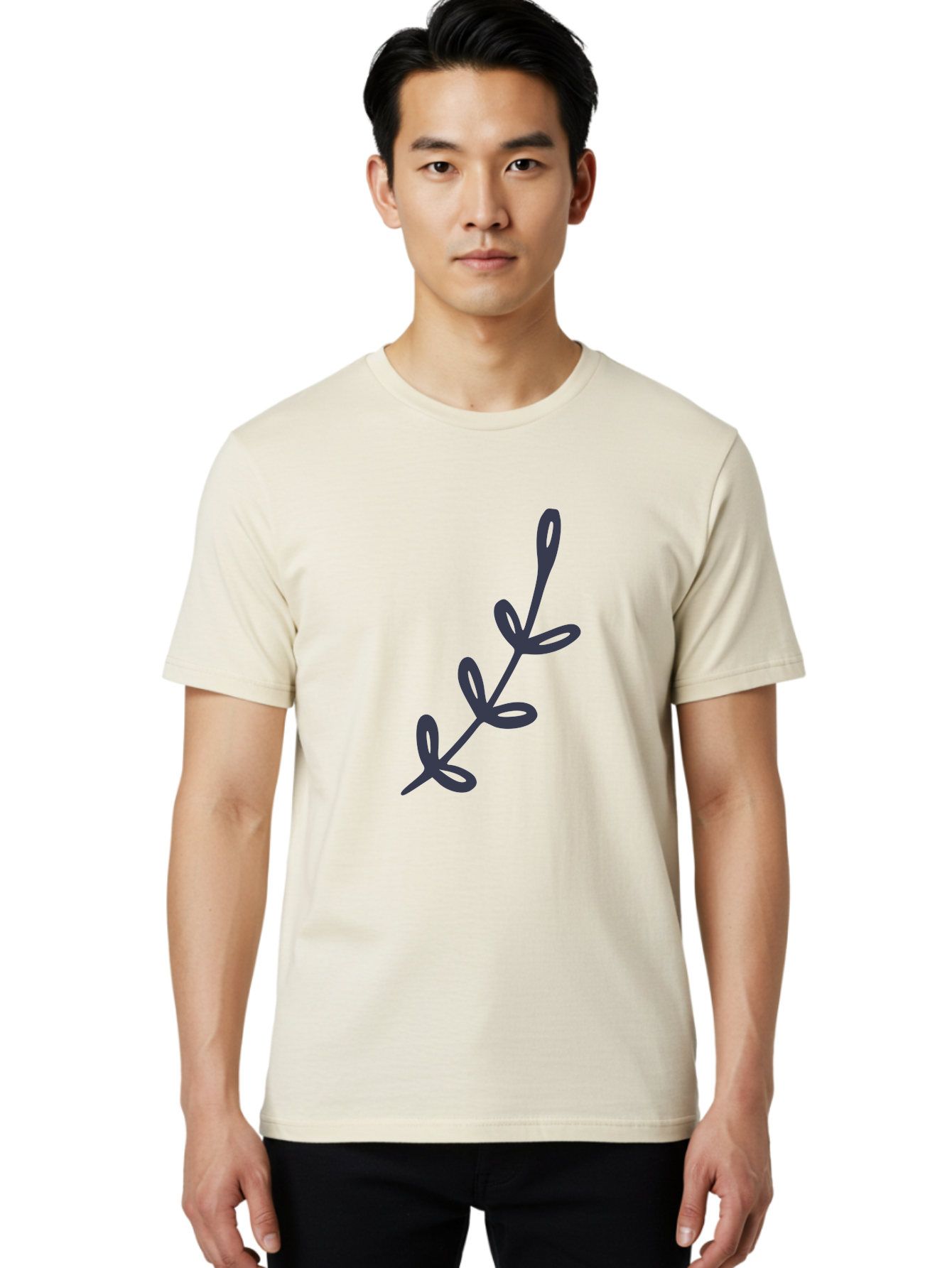 Three-Leaf-Stem Men'S Graphic Tee, 100% Cotton, Comfortable Casual Summer Wear, Machine Washable, Simple Drawing, Minimalistic Art, Abstract Design, Oval Shapes, Leafy Stem, Dark Gray Lines, Modern Illustration, Stylized Plant Aac126