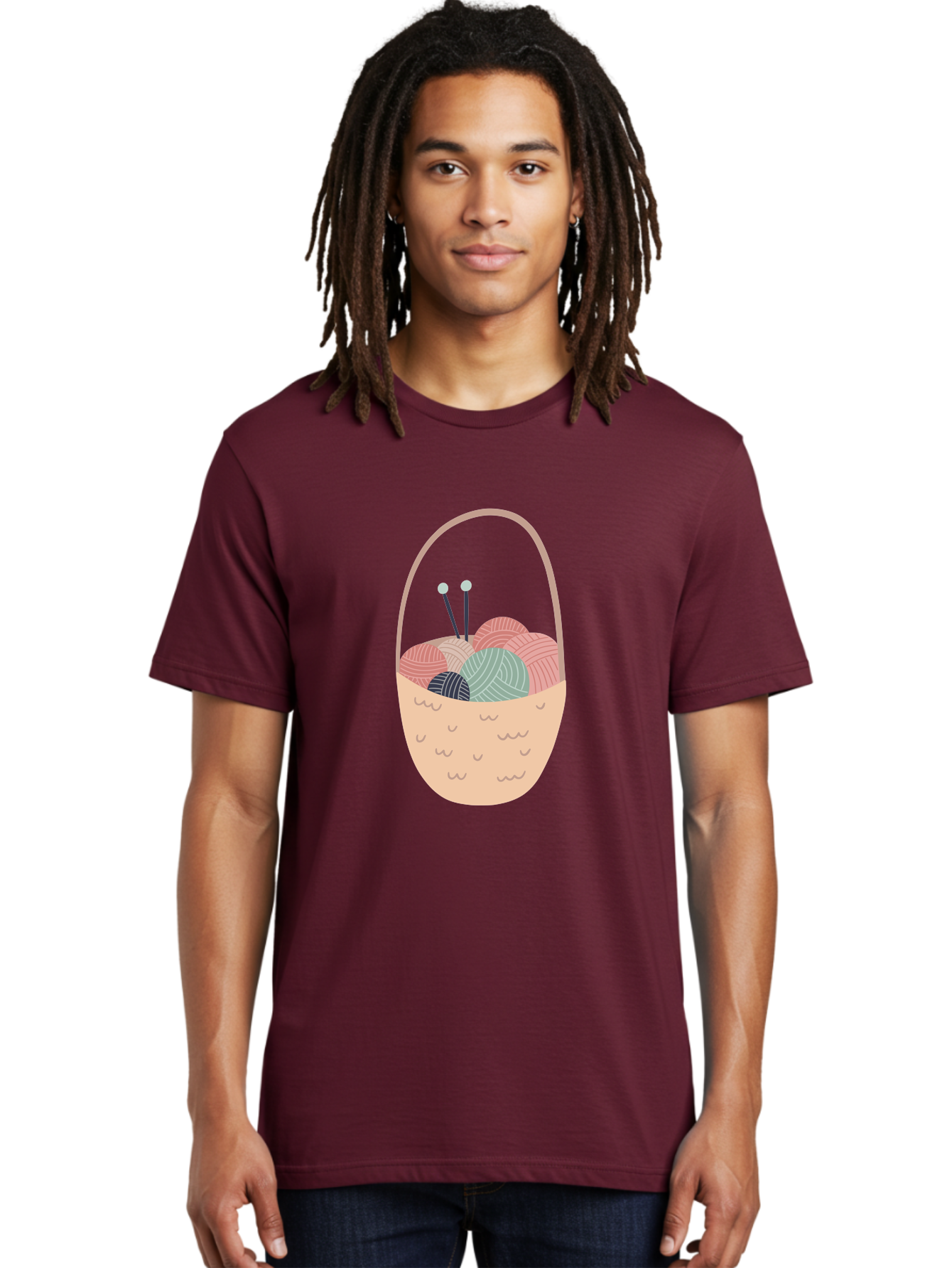 Yarn-Basket Men'S Graphic Tee, 100% Cotton, Comfortable Casual Summer Wear, Machine Washable, Yarn Balls, Knitting Needles, Knitting Basket, Pastel Colors, Hobby Supplies, Crafting Tools, Diy Accessories, Handmade Materials Aac146