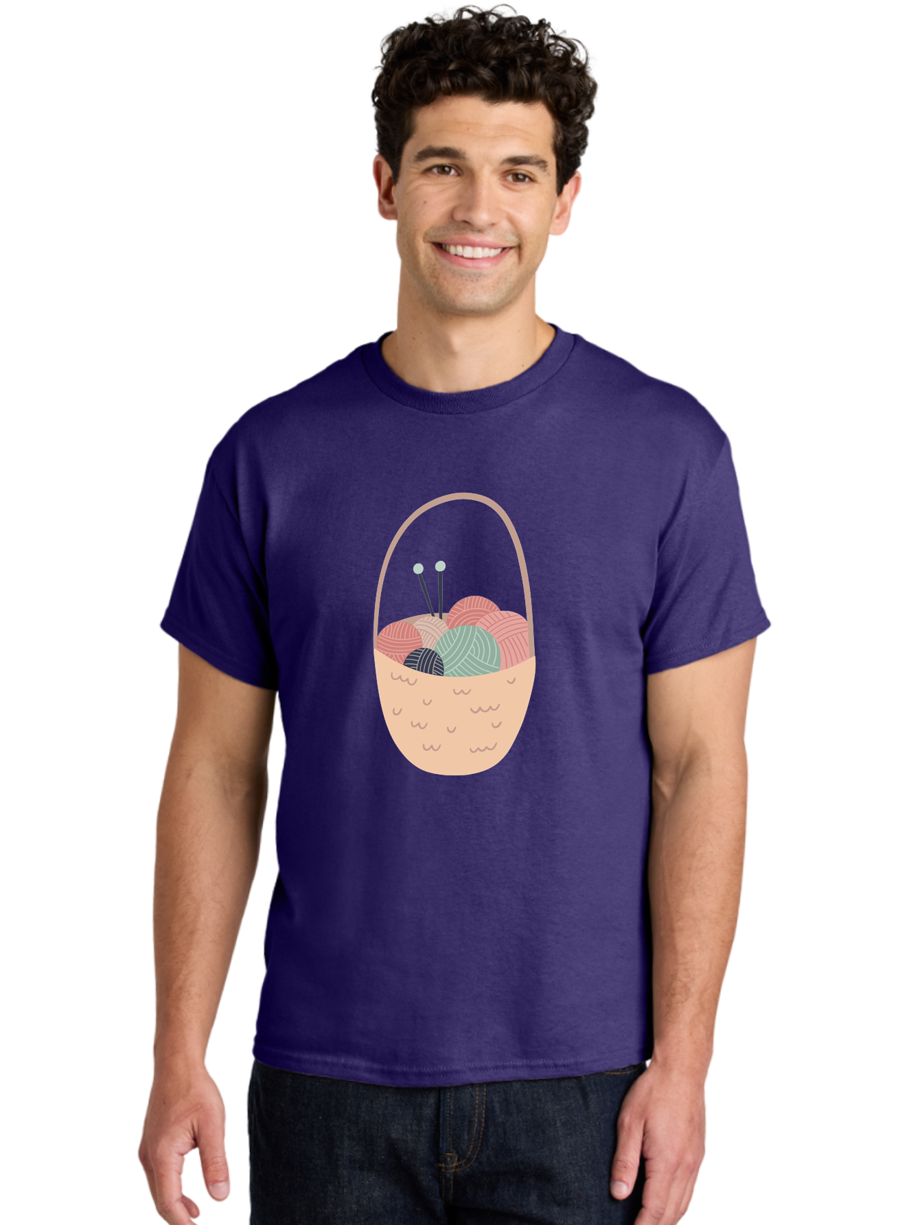 Yarn-Basket Men'S Graphic Tee, 100% Cotton, Comfortable Casual Summer Wear, Machine Washable, Yarn Balls, Knitting Needles, Knitting Basket, Pastel Colors, Hobby Supplies, Crafting Tools, Diy Accessories, Handmade Materials Aac146