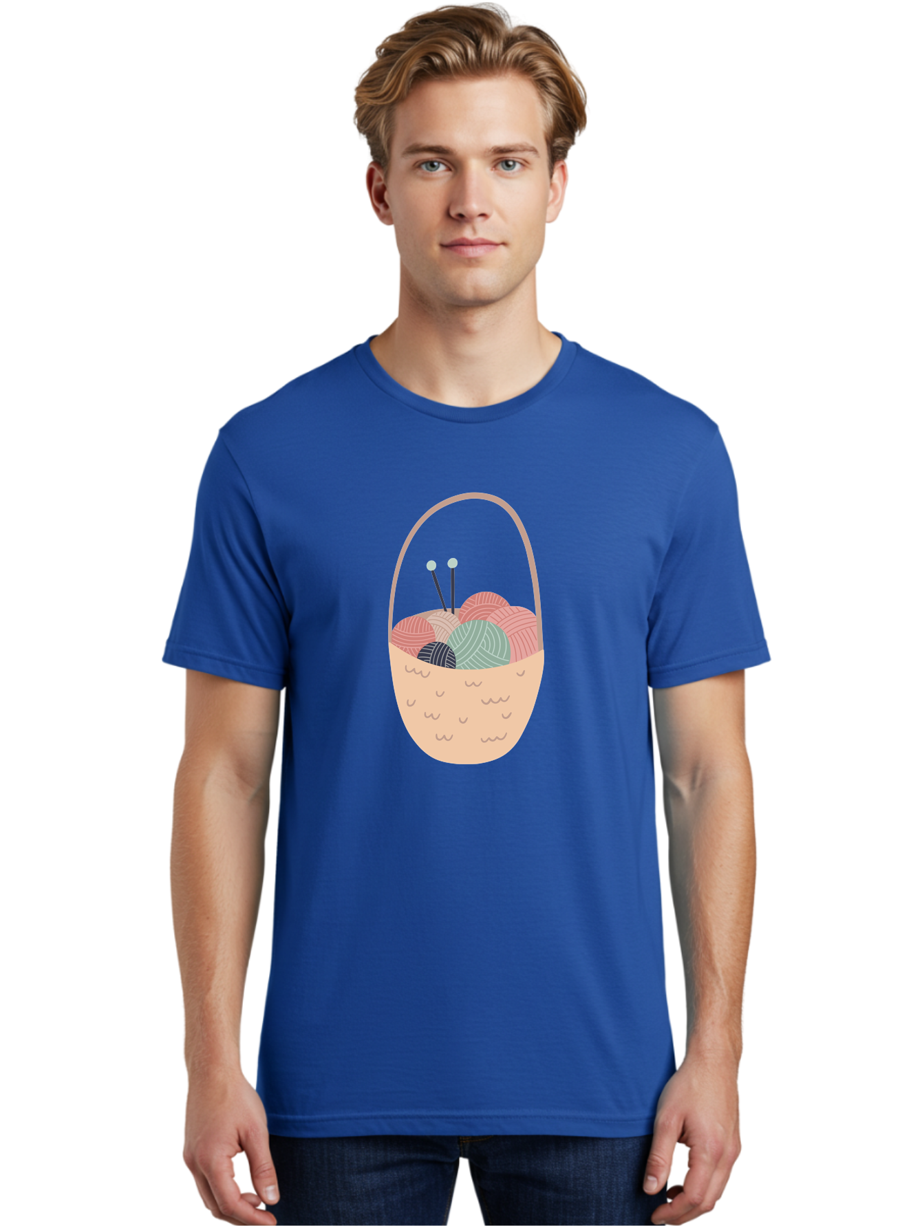 Yarn-Basket Men'S Graphic Tee, 100% Cotton, Comfortable Casual Summer Wear, Machine Washable, Yarn Balls, Knitting Needles, Knitting Basket, Pastel Colors, Hobby Supplies, Crafting Tools, Diy Accessories, Handmade Materials Aac146