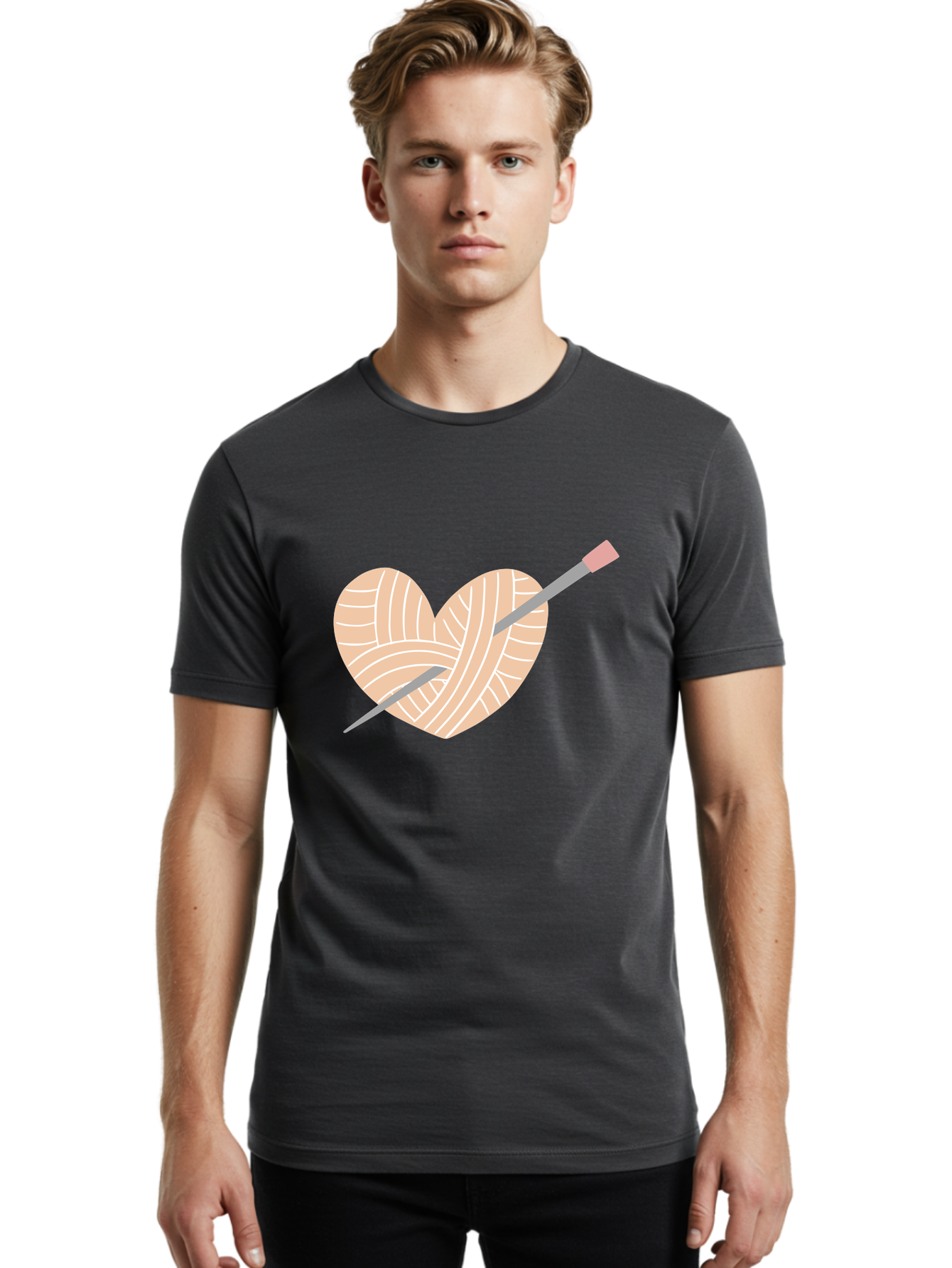 Yarn-Heart-Knitting-Needles Men'S Graphic Tee, 100% Cotton, Comfortable Casual Summer Wear, Machine Washable, Heart Shaped Yarn, Knitting Needles, Crochet, Handmade, Pink Yarn, Crafting, Hobby, Fiber Art, Knitting, Diy Aac147