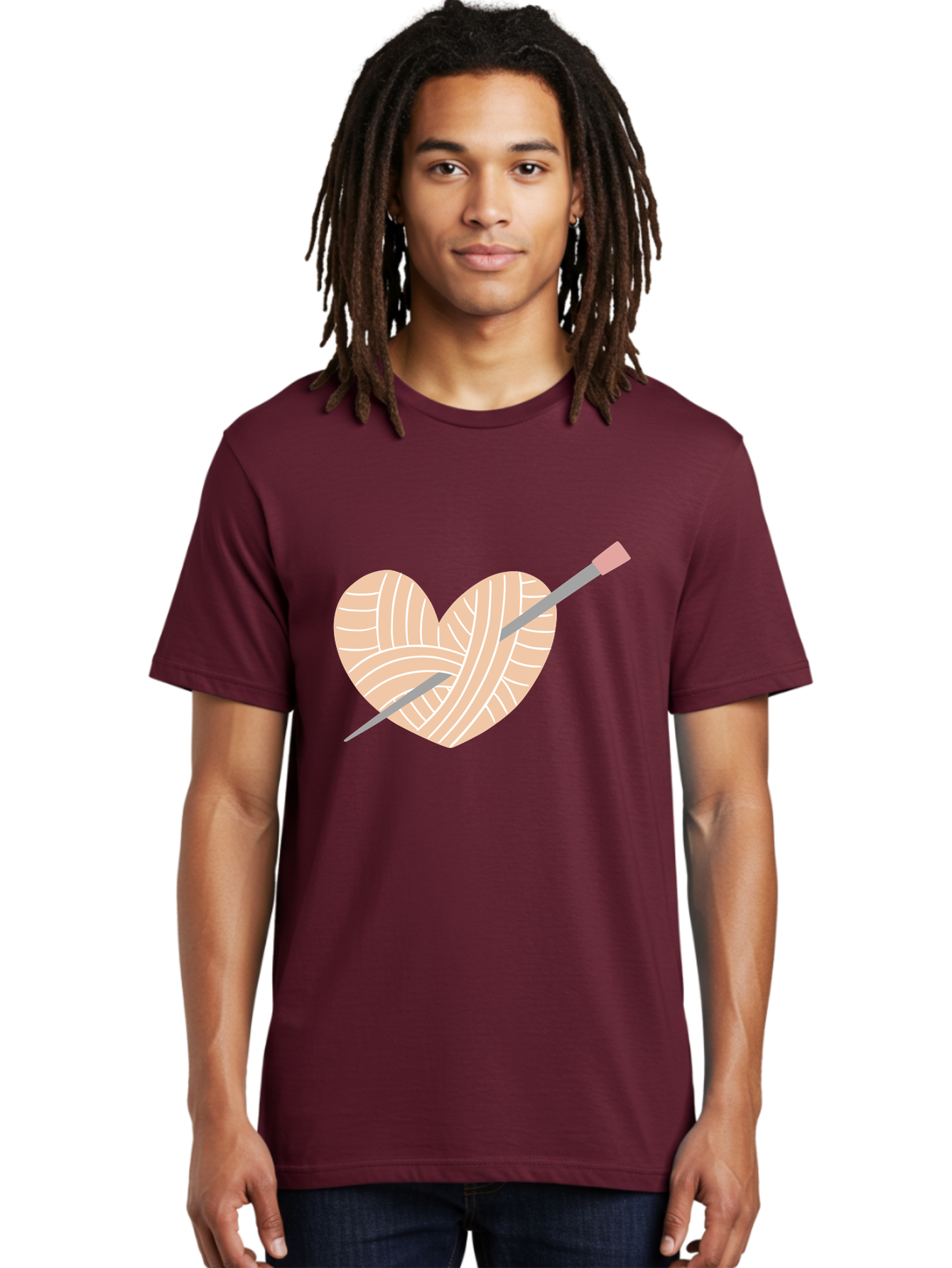 Yarn-Heart-Knitting-Needles Men'S Graphic Tee, 100% Cotton, Comfortable Casual Summer Wear, Machine Washable, Heart Shaped Yarn, Knitting Needles, Crochet, Handmade, Pink Yarn, Crafting, Hobby, Fiber Art, Knitting, Diy Aac147