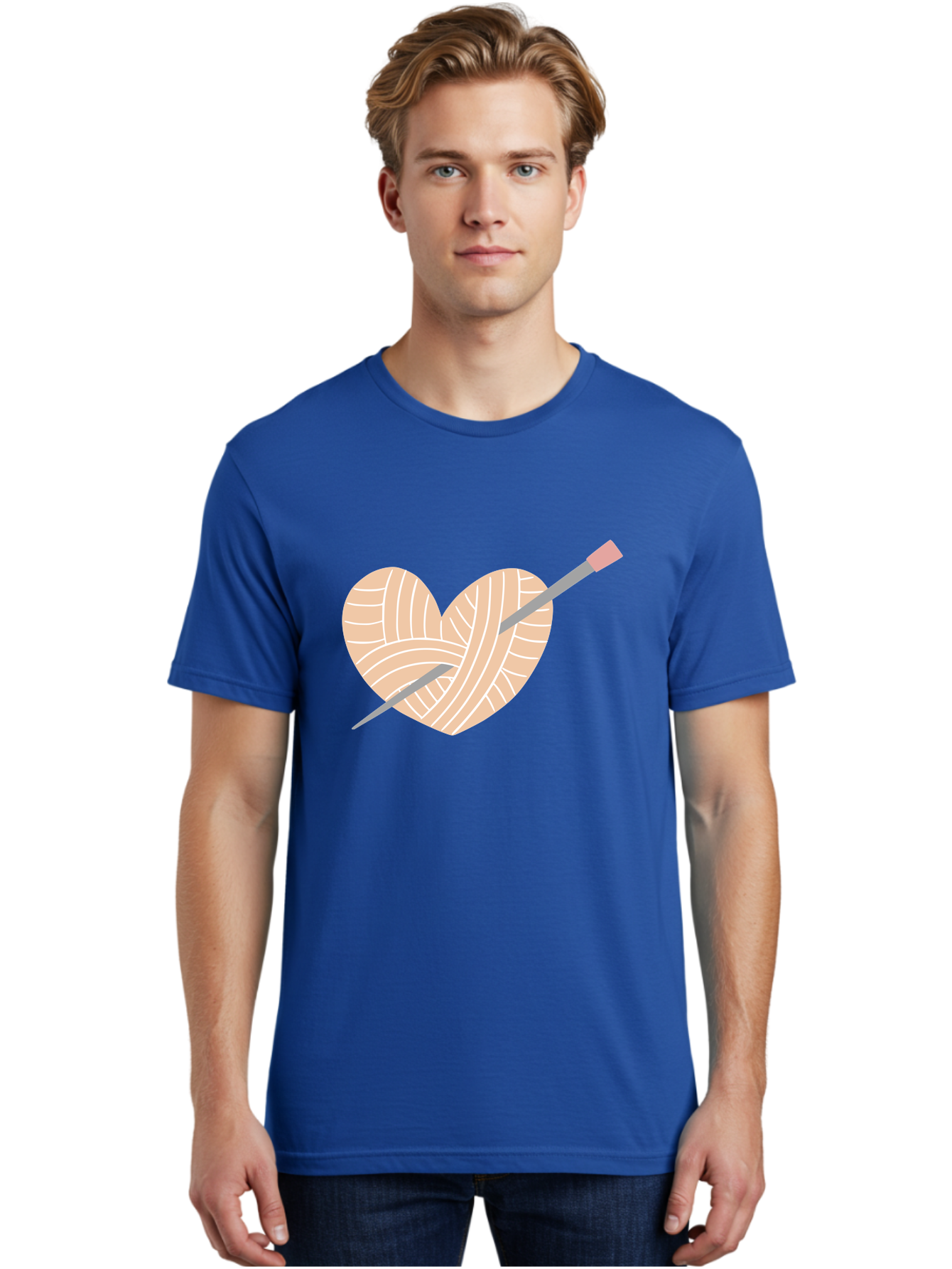 Yarn-Heart-Knitting-Needles Men'S Graphic Tee, 100% Cotton, Comfortable Casual Summer Wear, Machine Washable, Heart Shaped Yarn, Knitting Needles, Crochet, Handmade, Pink Yarn, Crafting, Hobby, Fiber Art, Knitting, Diy Aac147