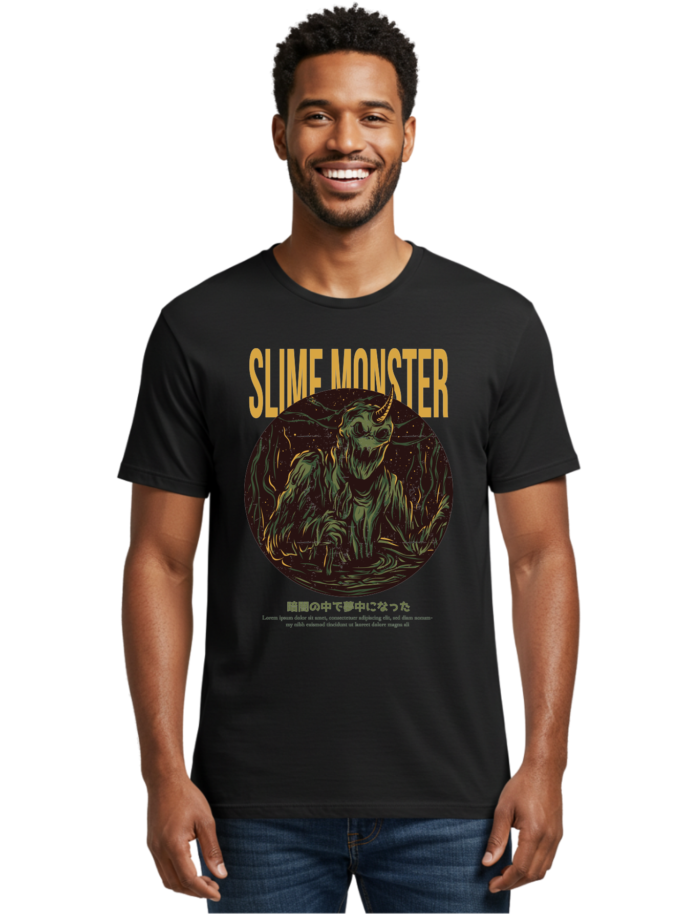 Slime-Monster Men'S Graphic Tee, 100% Cotton, Comfortable Casual Summer Wear, Machine Washable, Slime Monster, Fantasy Creature, Cartoon Illustration, Monster With Horn, Mysterious Being, Dark Forest, Eerie Atmosphere, Mystical Art, Aac175