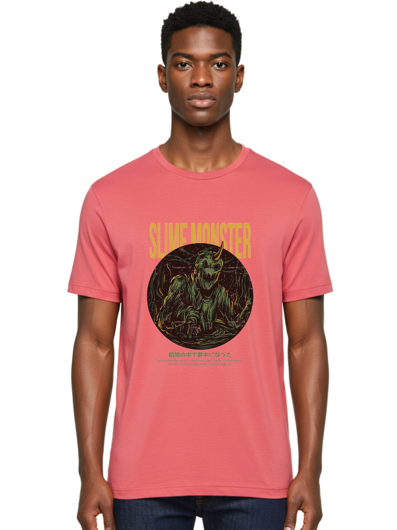 Slime-Monster Men'S Graphic Tee, 100% Cotton, Comfortable Casual Summer Wear, Machine Washable, Slime Monster, Fantasy Creature, Cartoon Illustration, Monster With Horn, Mysterious Being, Dark Forest, Eerie Atmosphere, Mystical Art, Aac175