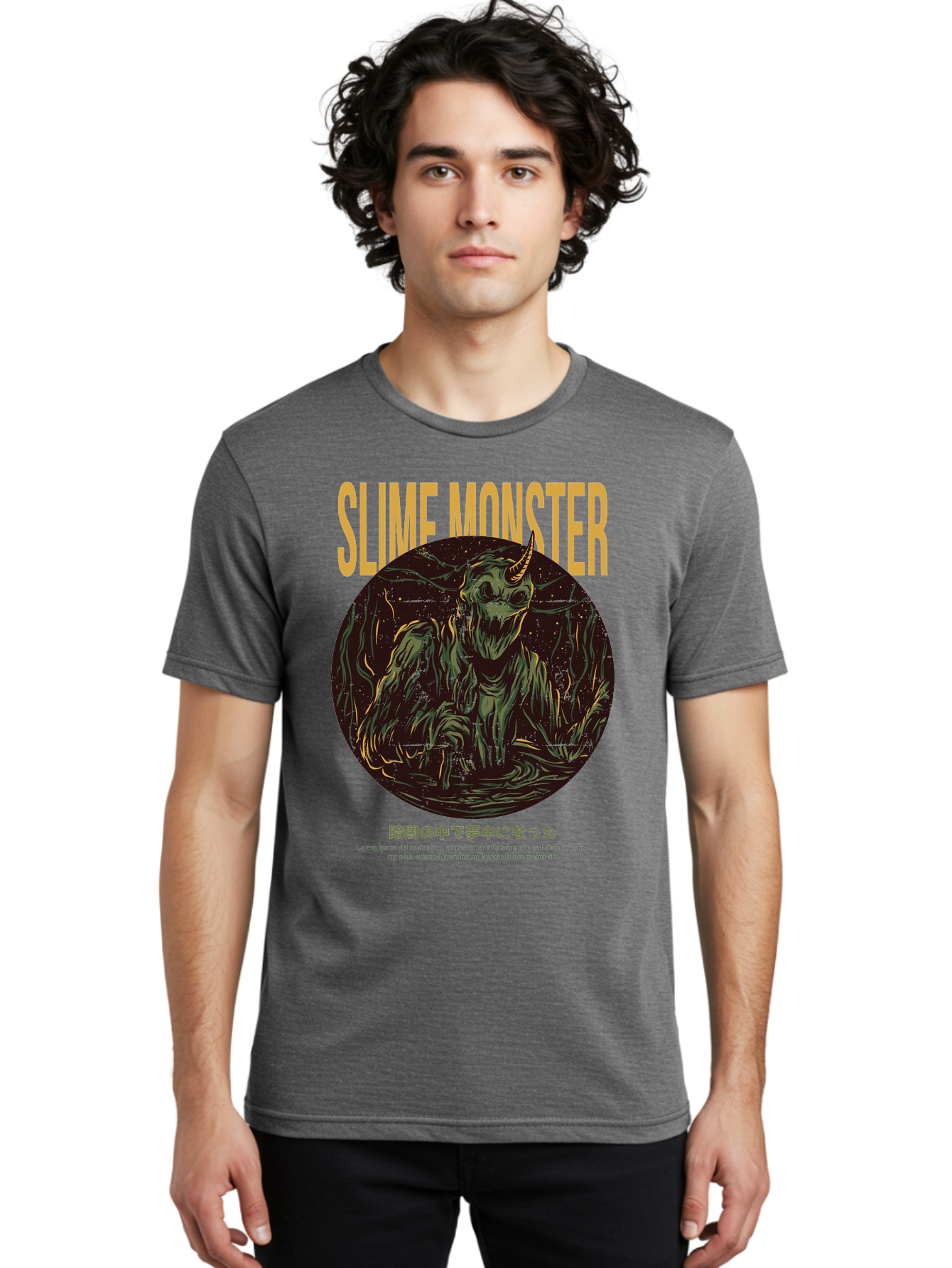 Slime-Monster Men'S Graphic Tee, 100% Cotton, Comfortable Casual Summer Wear, Machine Washable, Slime Monster, Fantasy Creature, Cartoon Illustration, Monster With Horn, Mysterious Being, Dark Forest, Eerie Atmosphere, Mystical Art, Aac175
