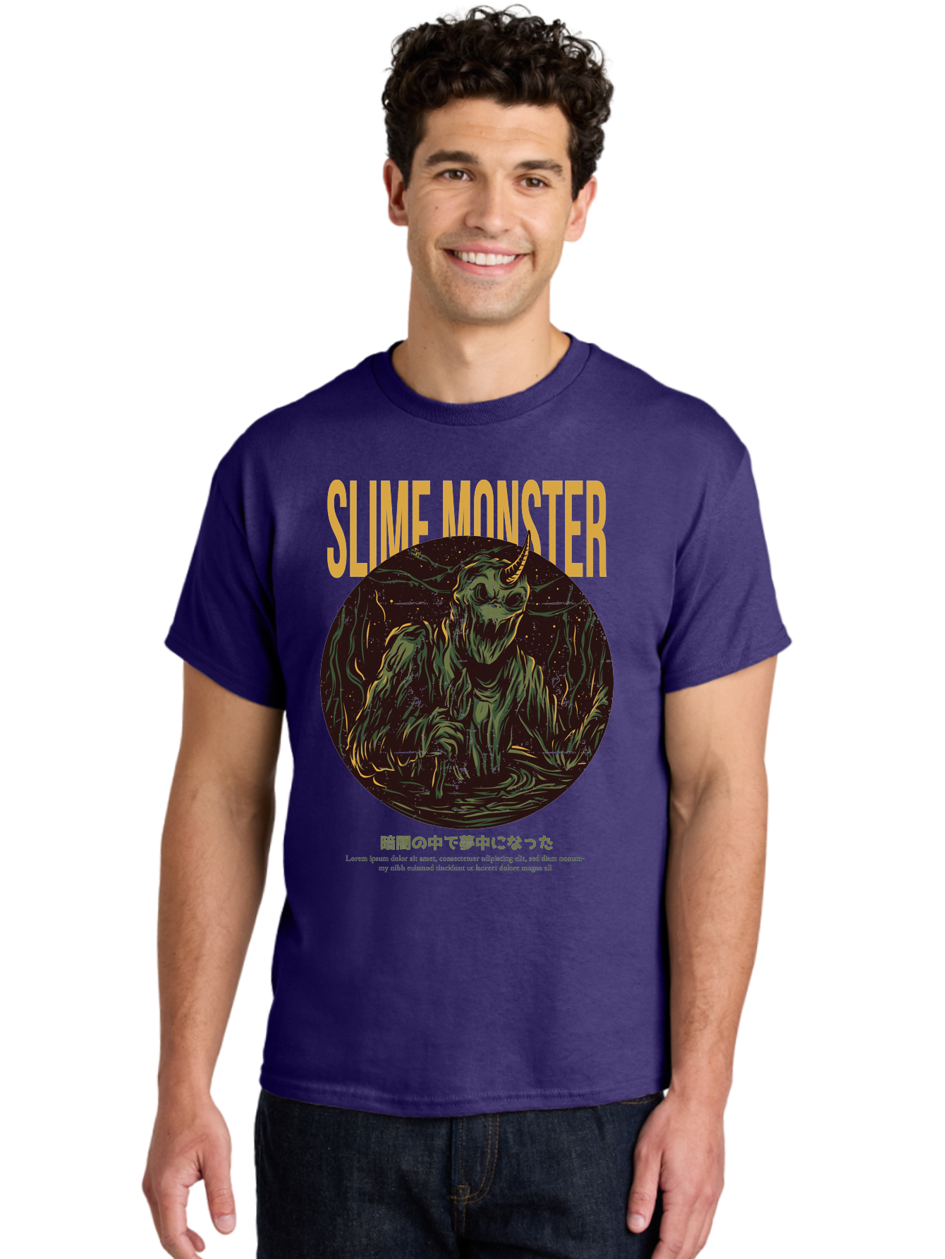 Slime-Monster Men'S Graphic Tee, 100% Cotton, Comfortable Casual Summer Wear, Machine Washable, Slime Monster, Fantasy Creature, Cartoon Illustration, Monster With Horn, Mysterious Being, Dark Forest, Eerie Atmosphere, Mystical Art, Aac175