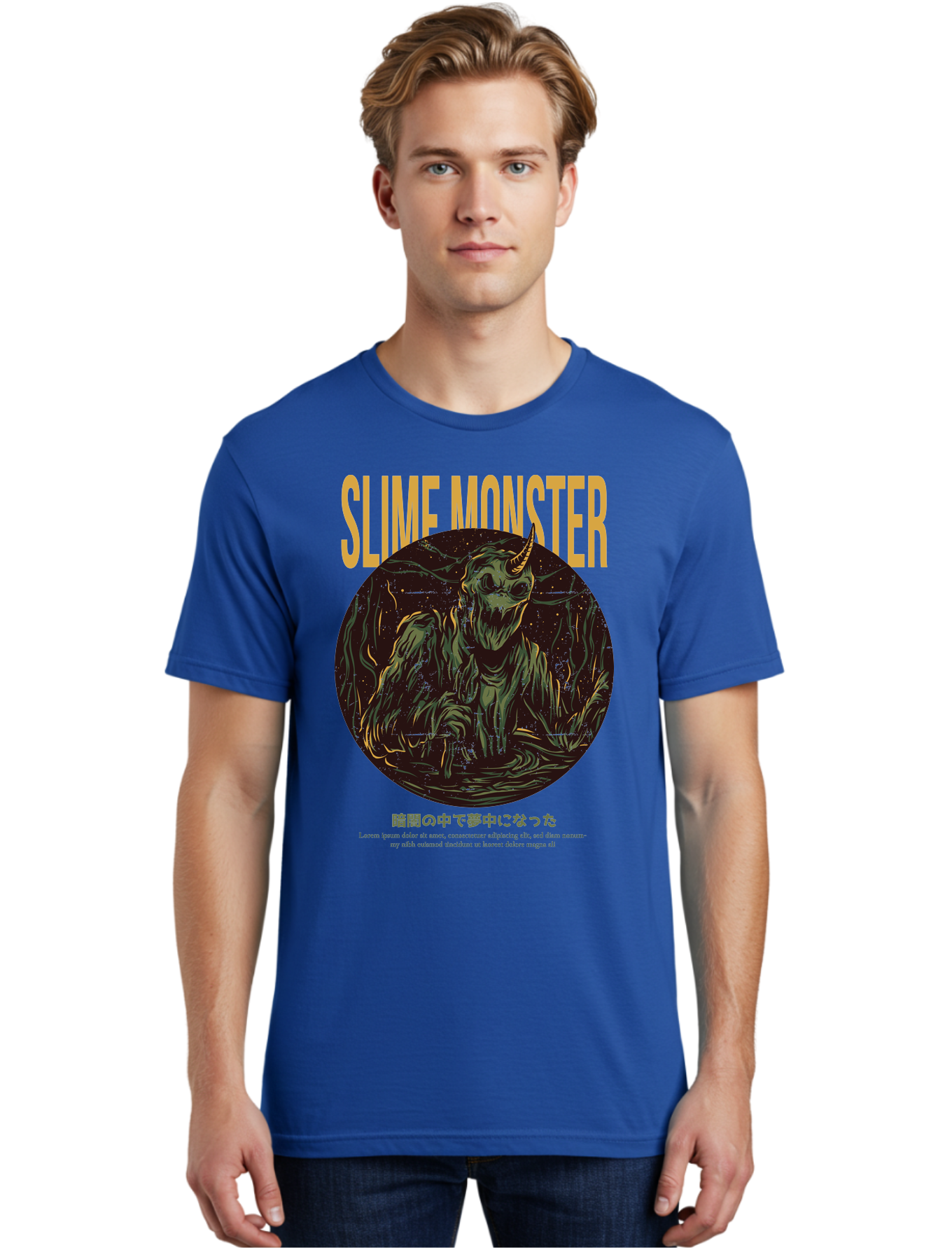 Slime-Monster Men'S Graphic Tee, 100% Cotton, Comfortable Casual Summer Wear, Machine Washable, Slime Monster, Fantasy Creature, Cartoon Illustration, Monster With Horn, Mysterious Being, Dark Forest, Eerie Atmosphere, Mystical Art, Aac175