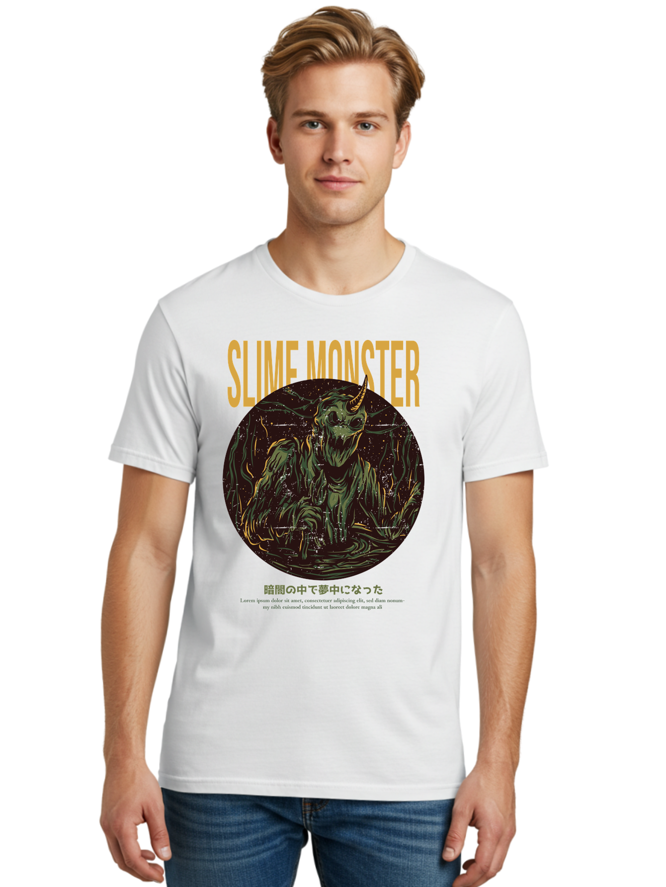 Slime-Monster Men'S Graphic Tee, 100% Cotton, Comfortable Casual Summer Wear, Machine Washable, Slime Monster, Fantasy Creature, Cartoon Illustration, Monster With Horn, Mysterious Being, Dark Forest, Eerie Atmosphere, Mystical Art, Aac175