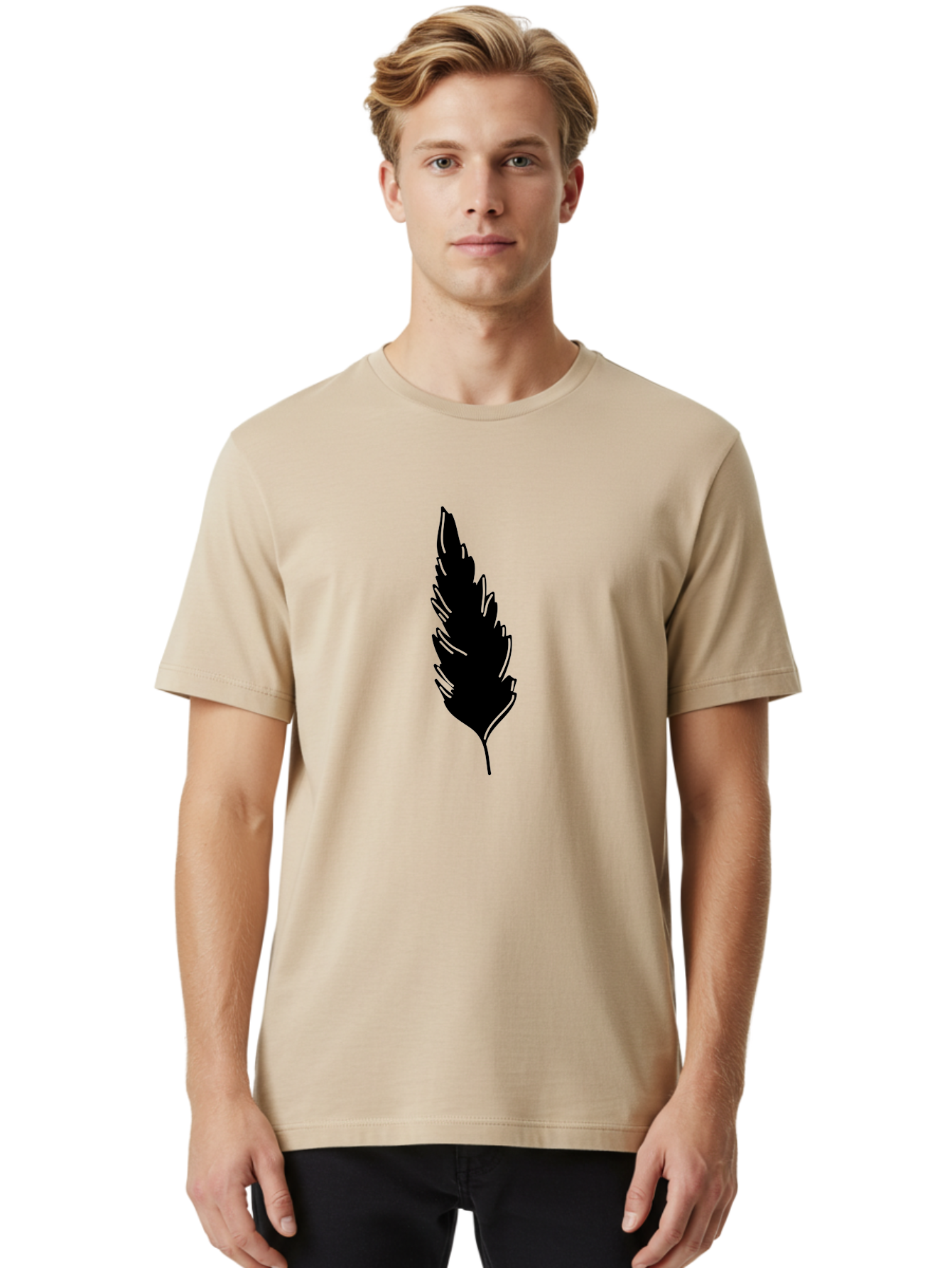 Black-Feather Men'S Graphic Tee, 100% Cotton, Comfortable Casual Summer Wear, Machine Washable, Feather Silhouette, Winged Icon, Simple Design, Minimalist Art, Feather Graphic, Black Silhouette Aac189